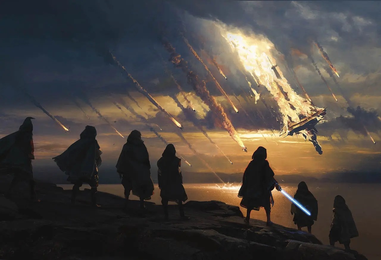 Star Wars High Republic characters watch a burning ship fall HD Wallpaper