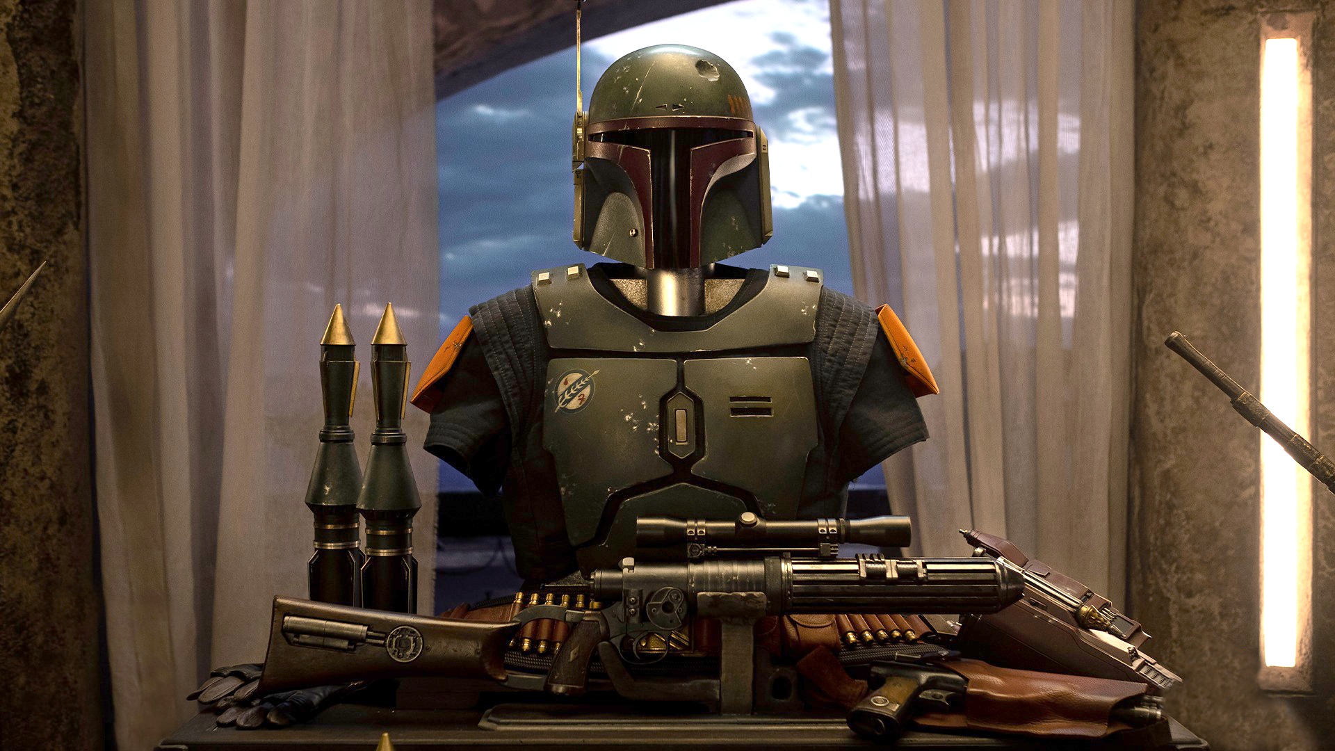 Boba Fett Armor and Weapons Display HD Wallpaper