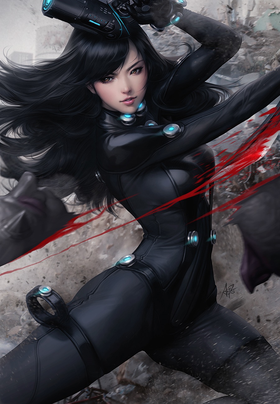 Shimohira Reika from Gantz in a black suit with blood HD Phone Wallpaper