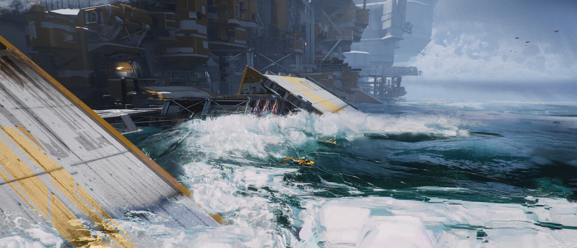 Futuristic science fiction artwork of an oil rig in rough seas HD Wallpaper