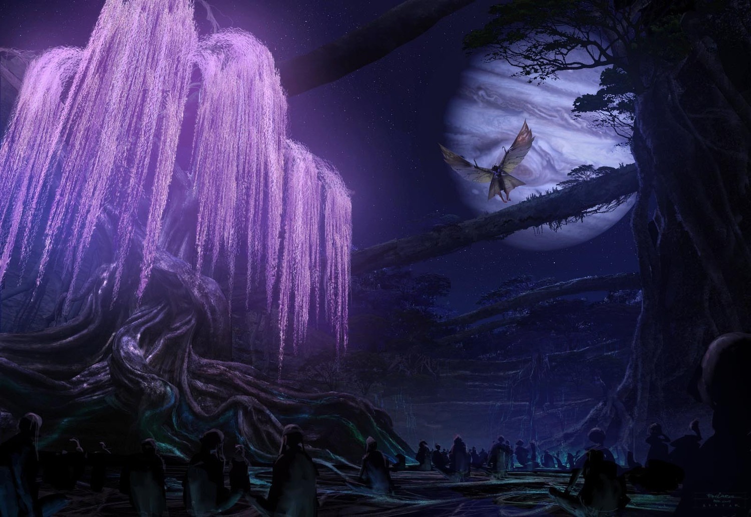 Avatar bioluminescent forest with floating moon and banshee HD Wallpaper
