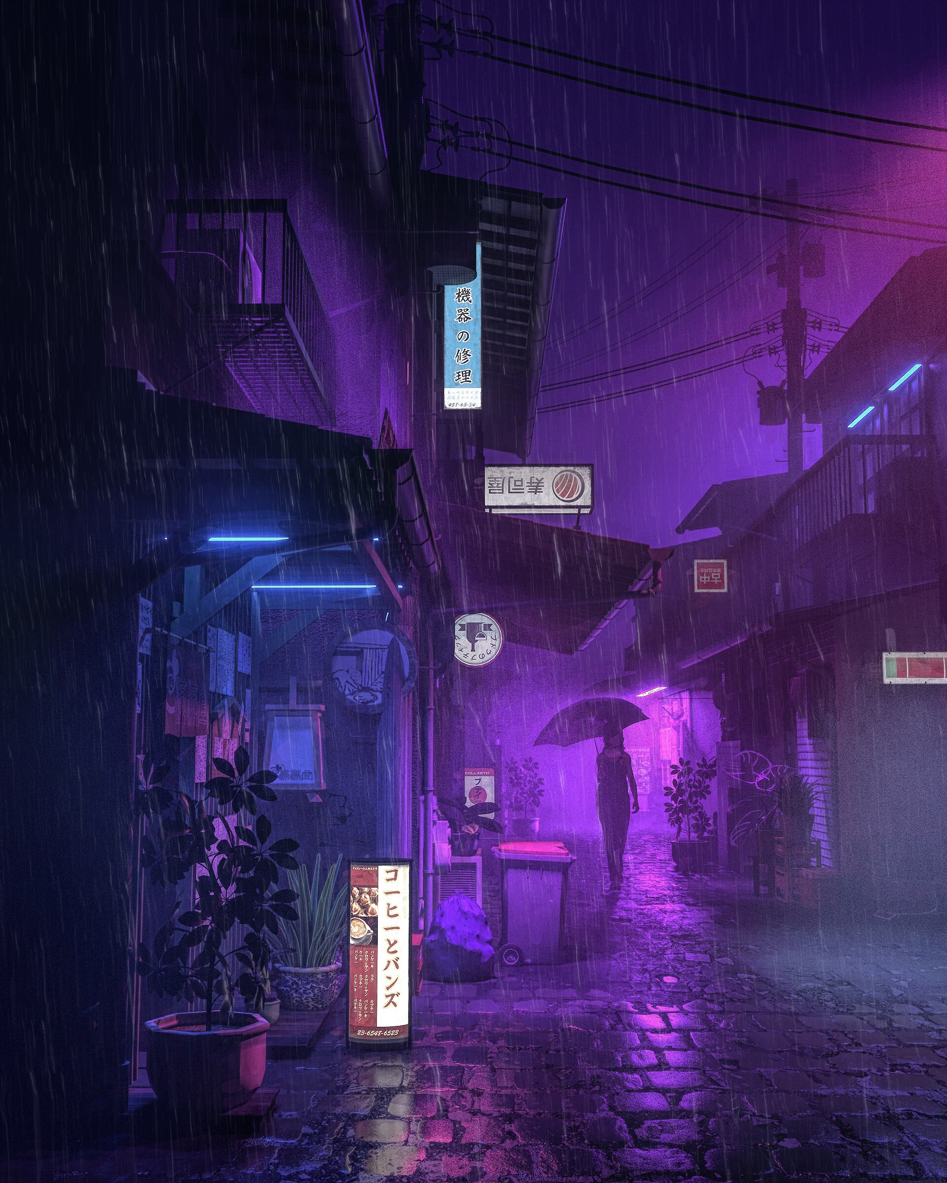 Rainy night in a neon-lit Japanese alley HD Phone Wallpaper