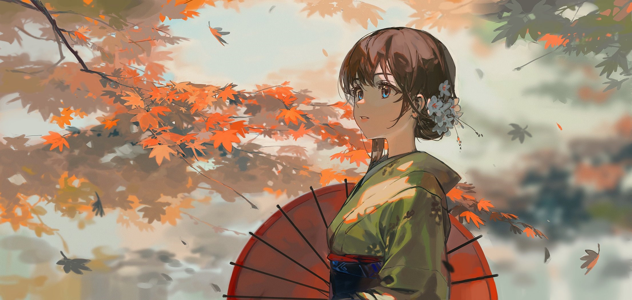 Anime girl in kimono with umbrella in fall HD Wallpaper