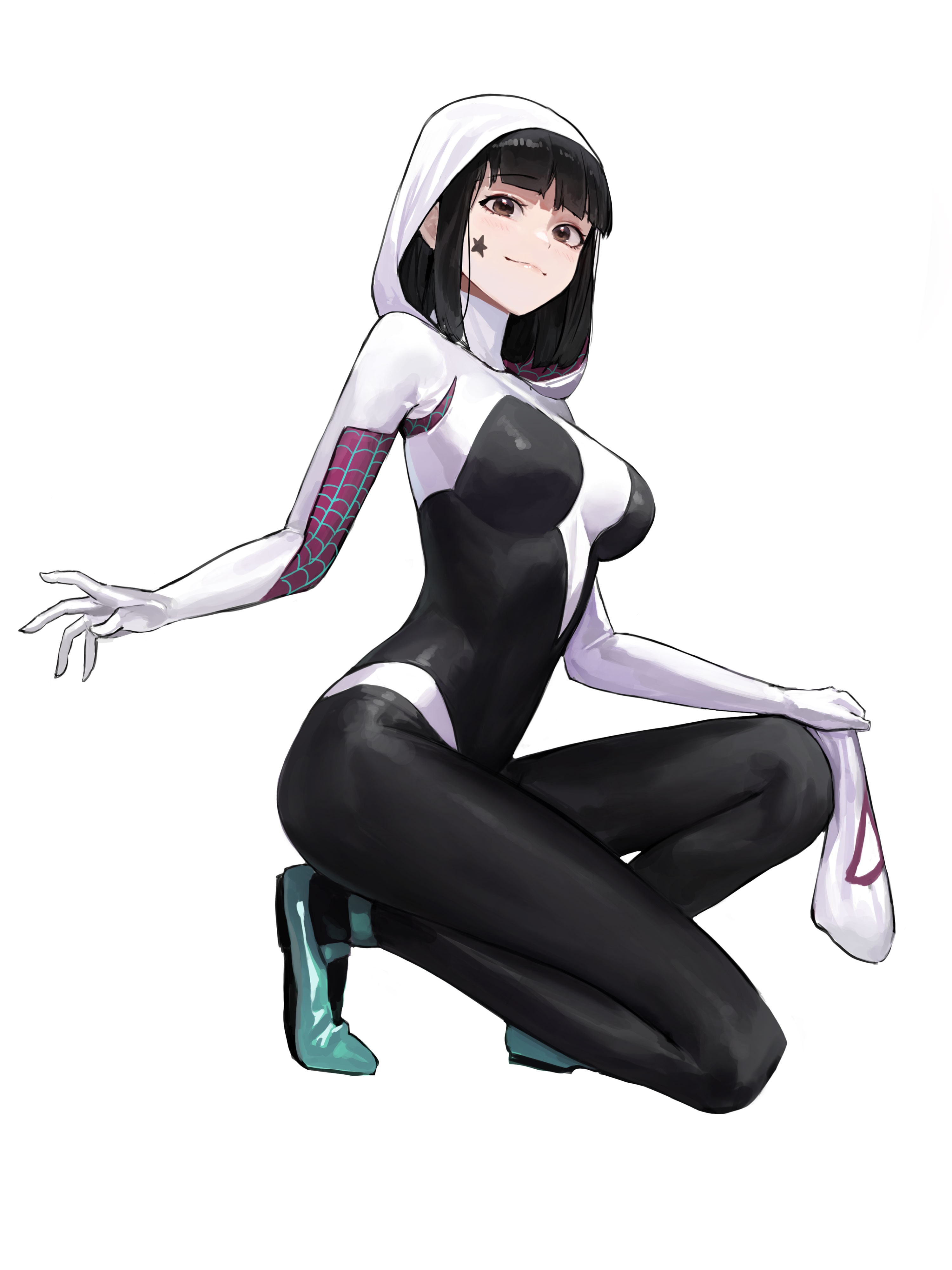 Spider-Gwen crouching in a white and black suit HD Phone Wallpaper