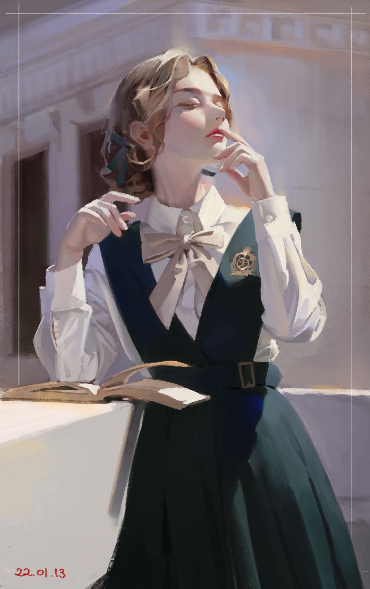 Anime girl with blonde hair in a school uniform HD Phone Wallpaper