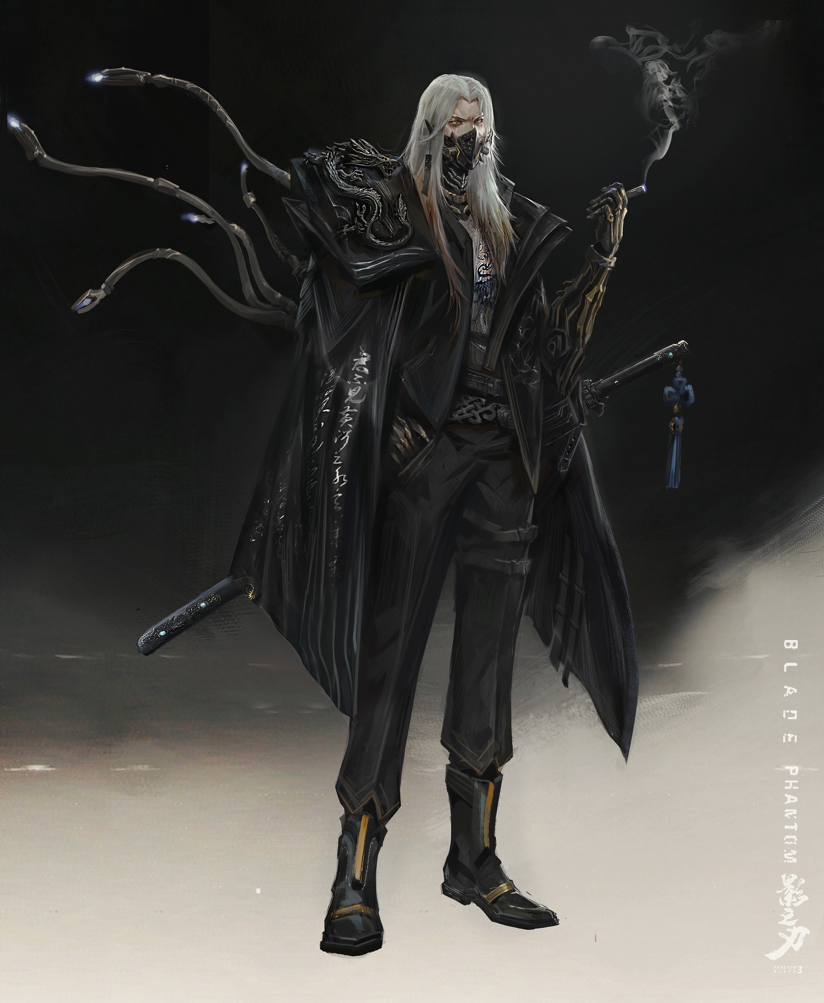 Concept art of a masked man with white hair and mechanical arms HD Phone Wallpaper