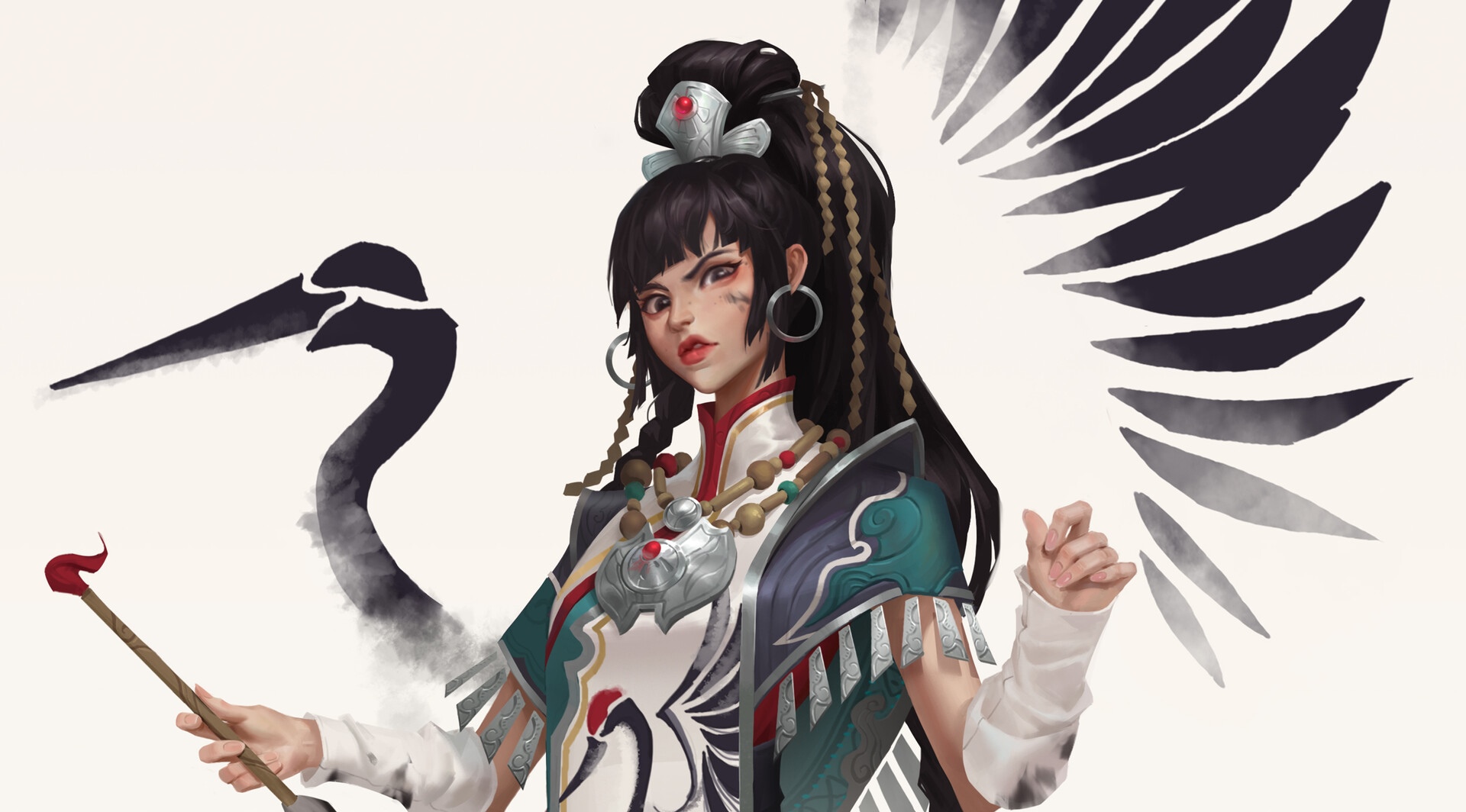 Anime girl with crane wings and staff HD Wallpaper