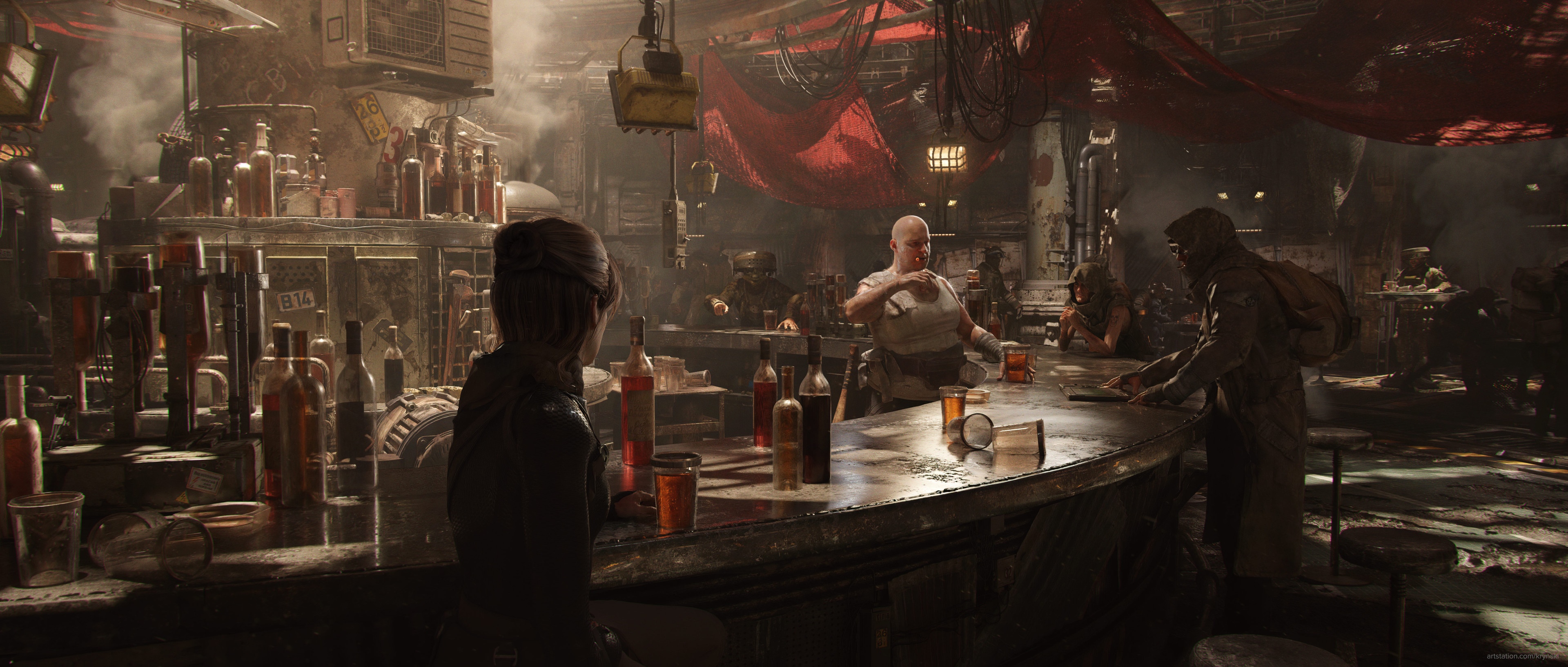 Concept art of a bar with people drinking HD Wallpaper