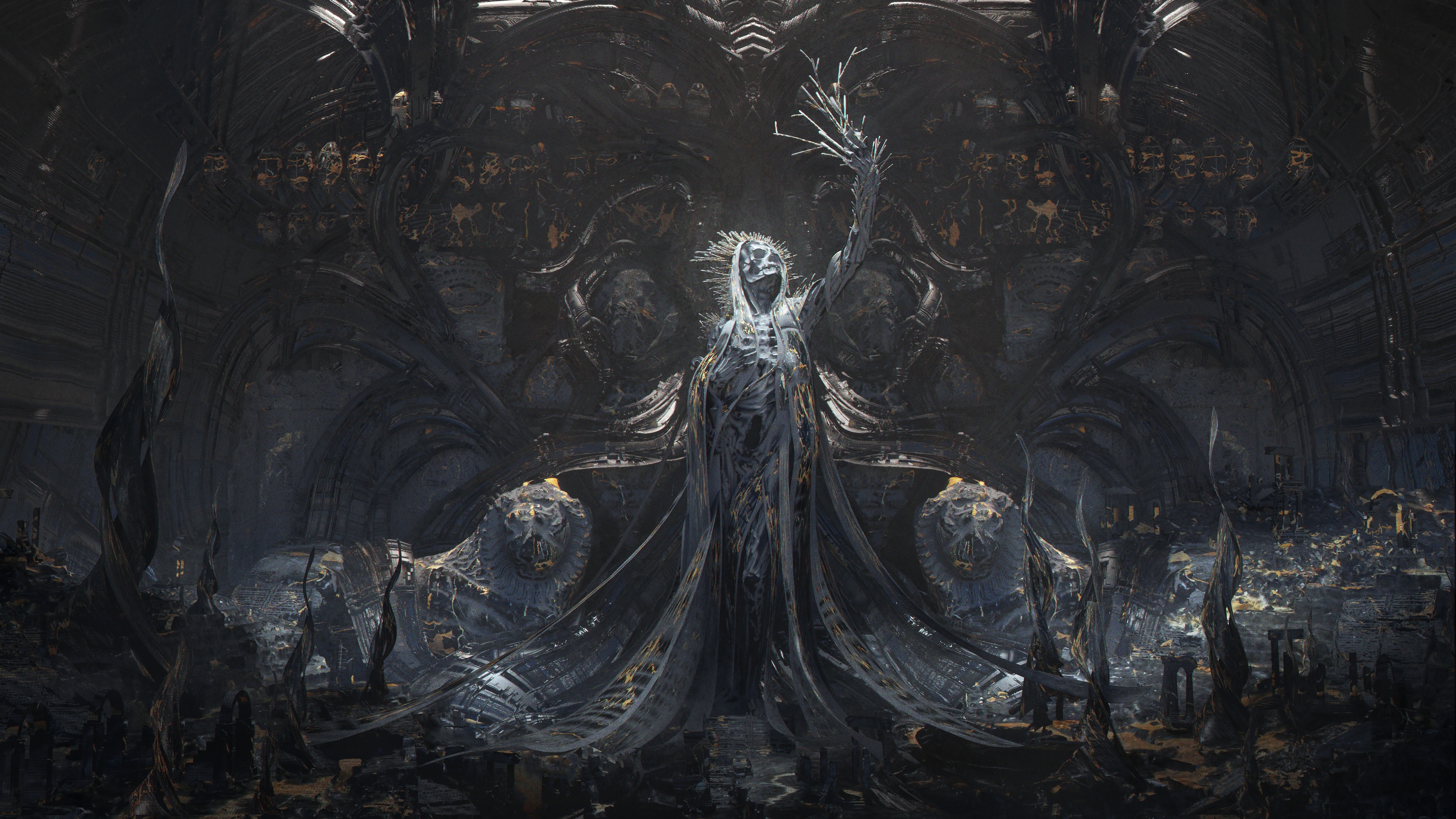 Dystopian Concept Art of a Skeletal Figure HD Wallpaper