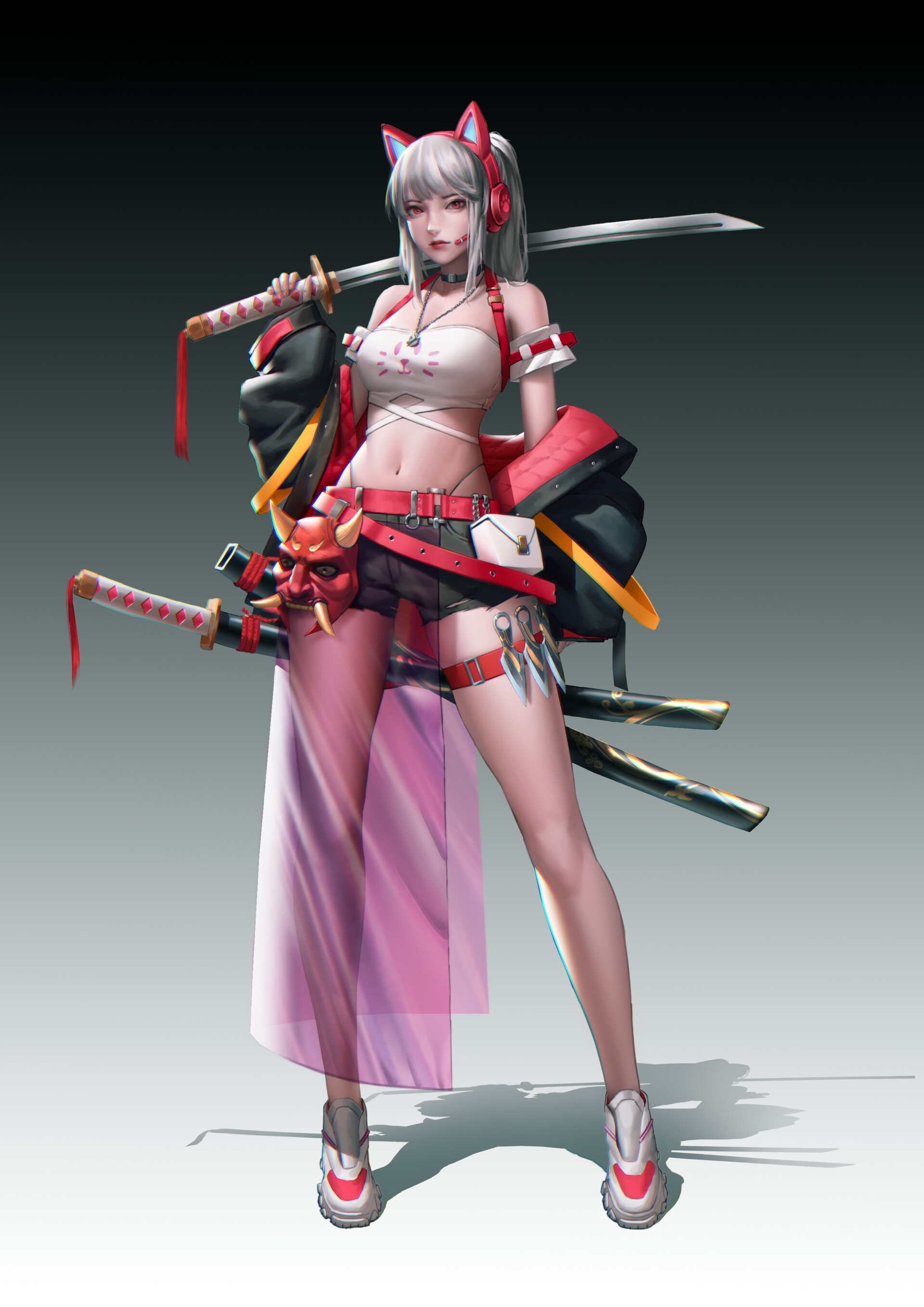Fantasy art of a woman with swords and cat ears HD Phone Wallpaper