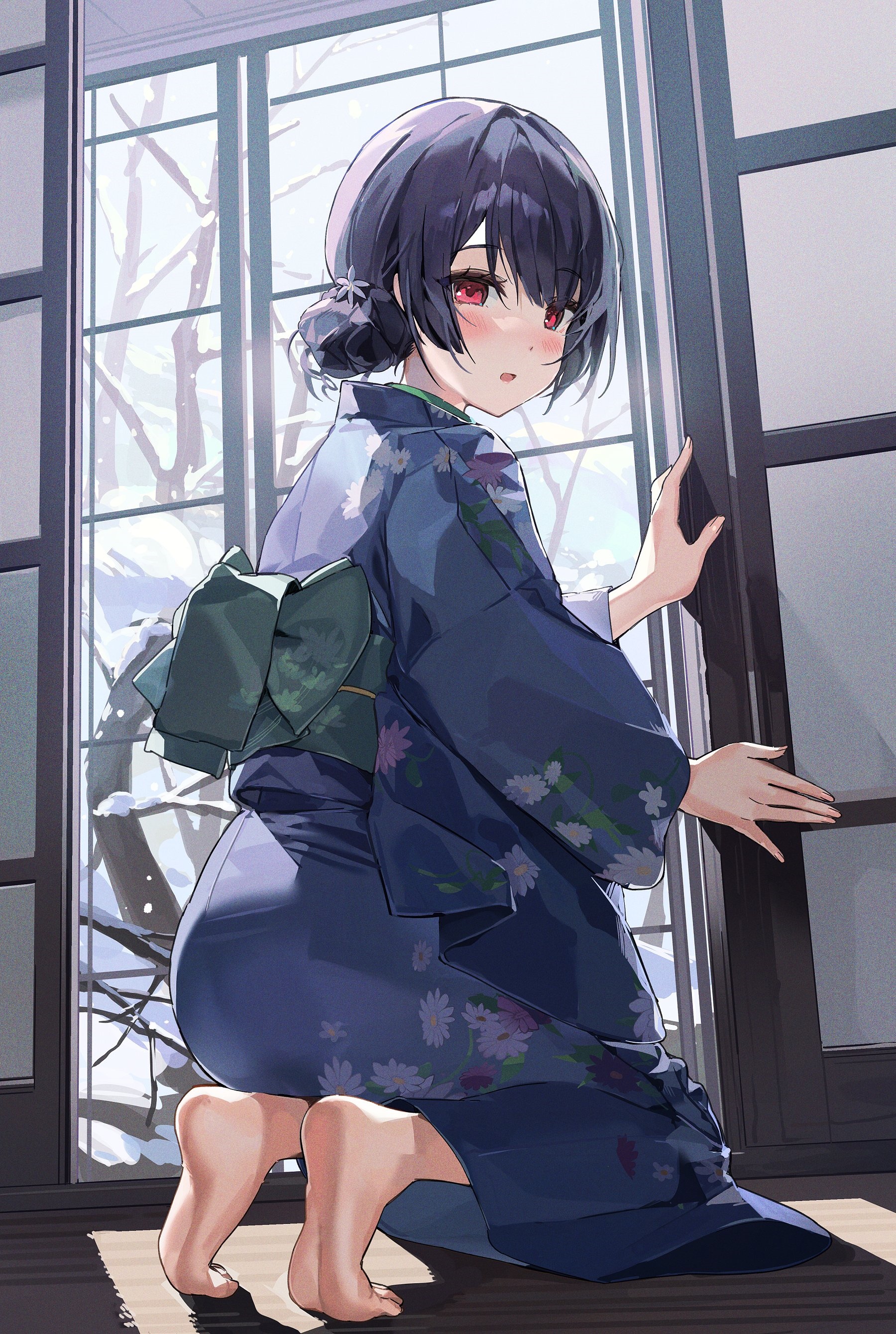 Rinze Morino in Kimono Kneeling by Window HD Phone Wallpaper