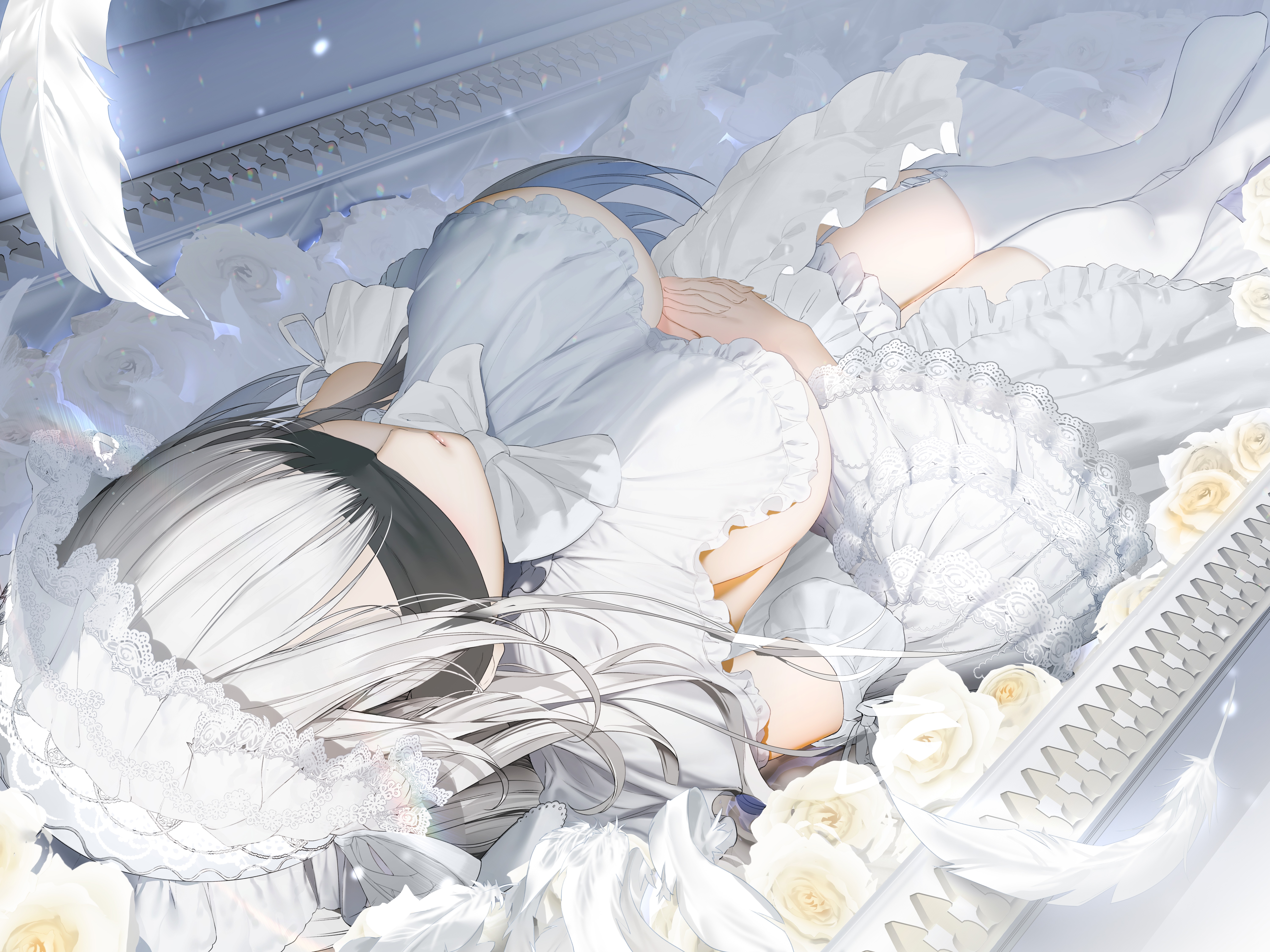 4K Anime Girl in White Dress with Blindfold and Roses HD Wallpaper