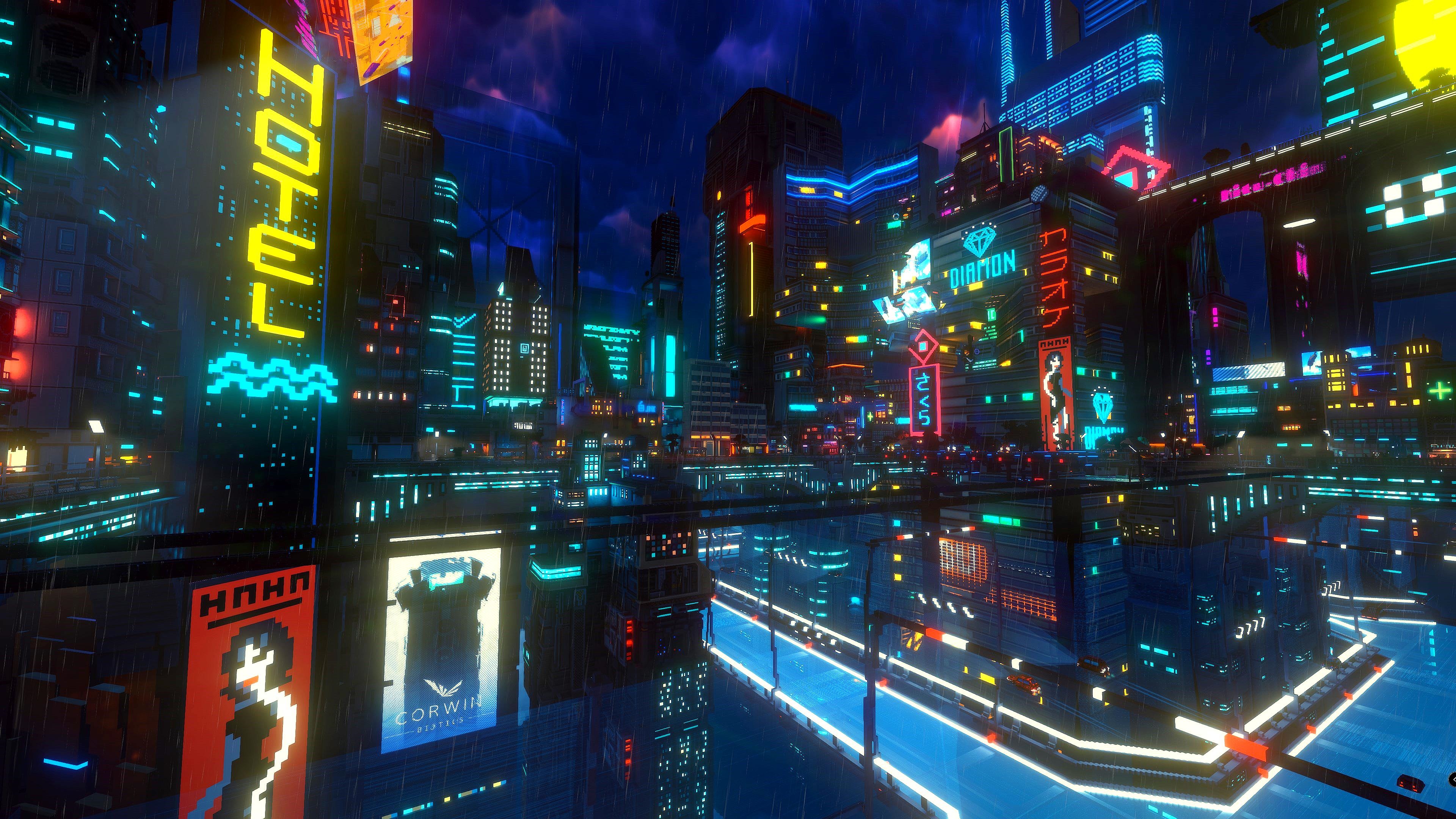 4K Cyberpunk City at Night with Rain HD Wallpaper