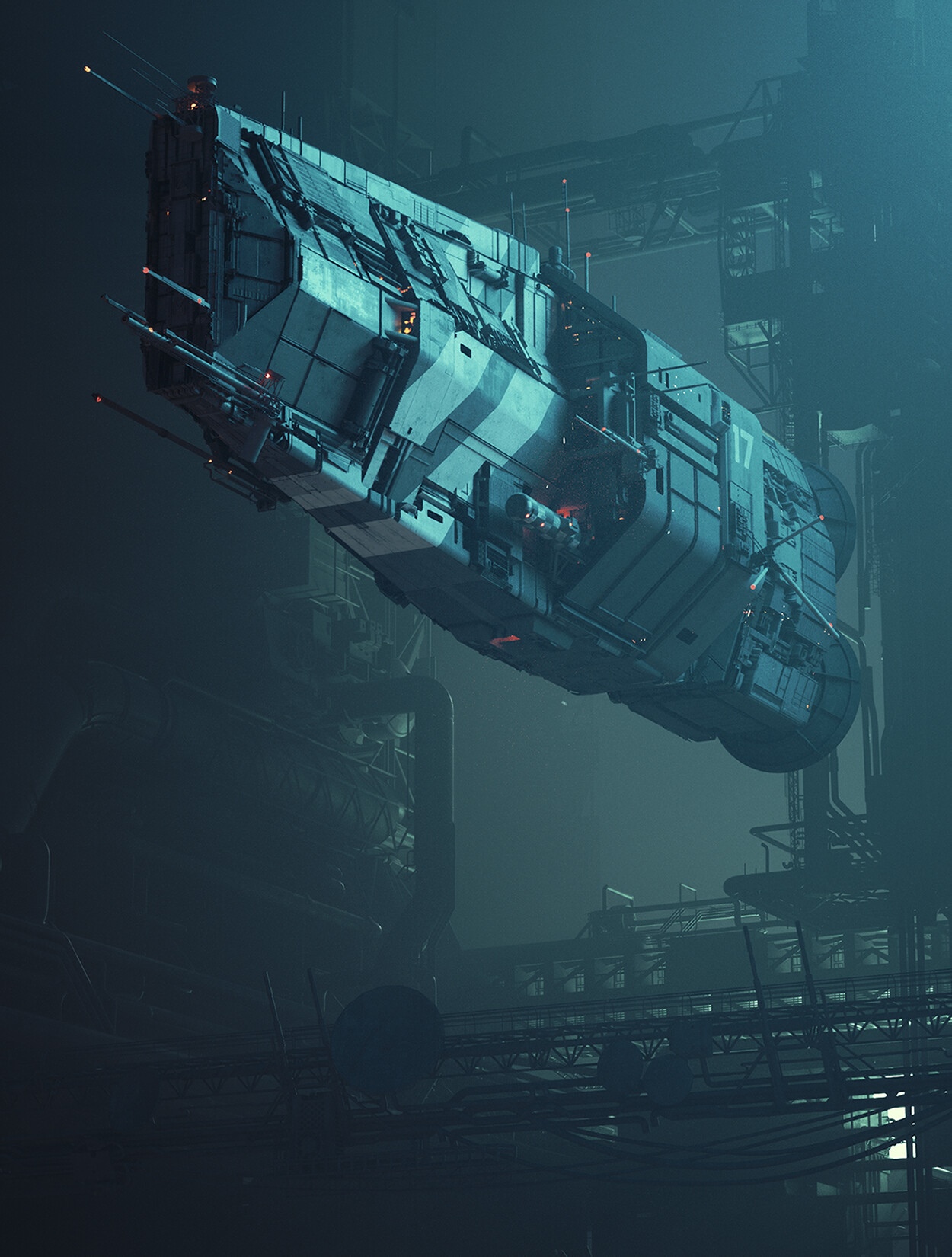 Spaceship in a dark, industrial science fiction setting HD Phone Wallpaper