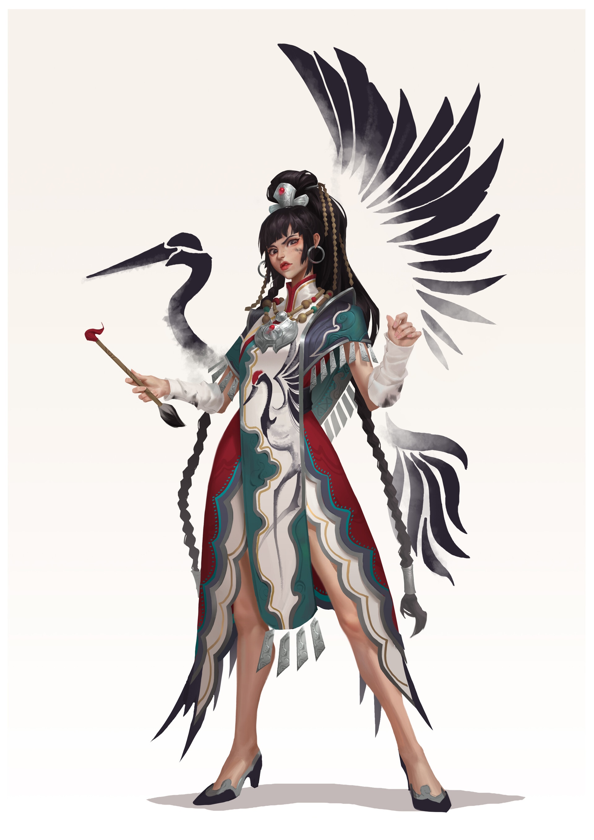 Fantasy girl with crane wings and a brush HD Phone Wallpaper