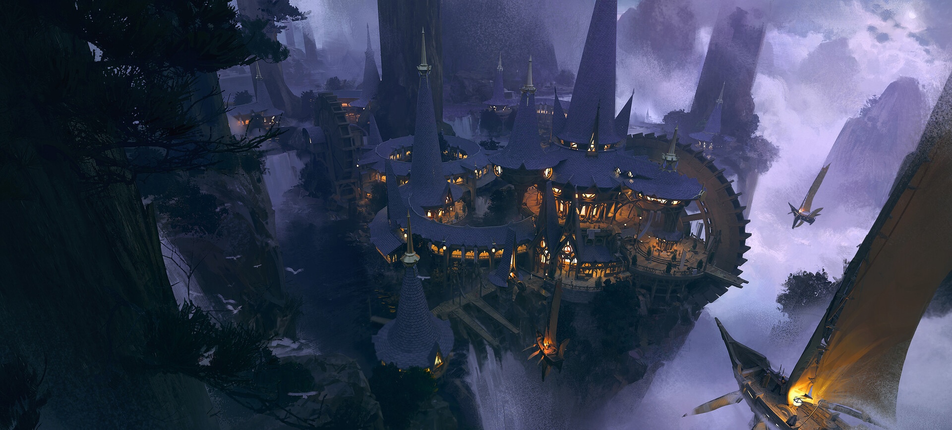Fantasy elven city on floating islands at night HD Wallpaper