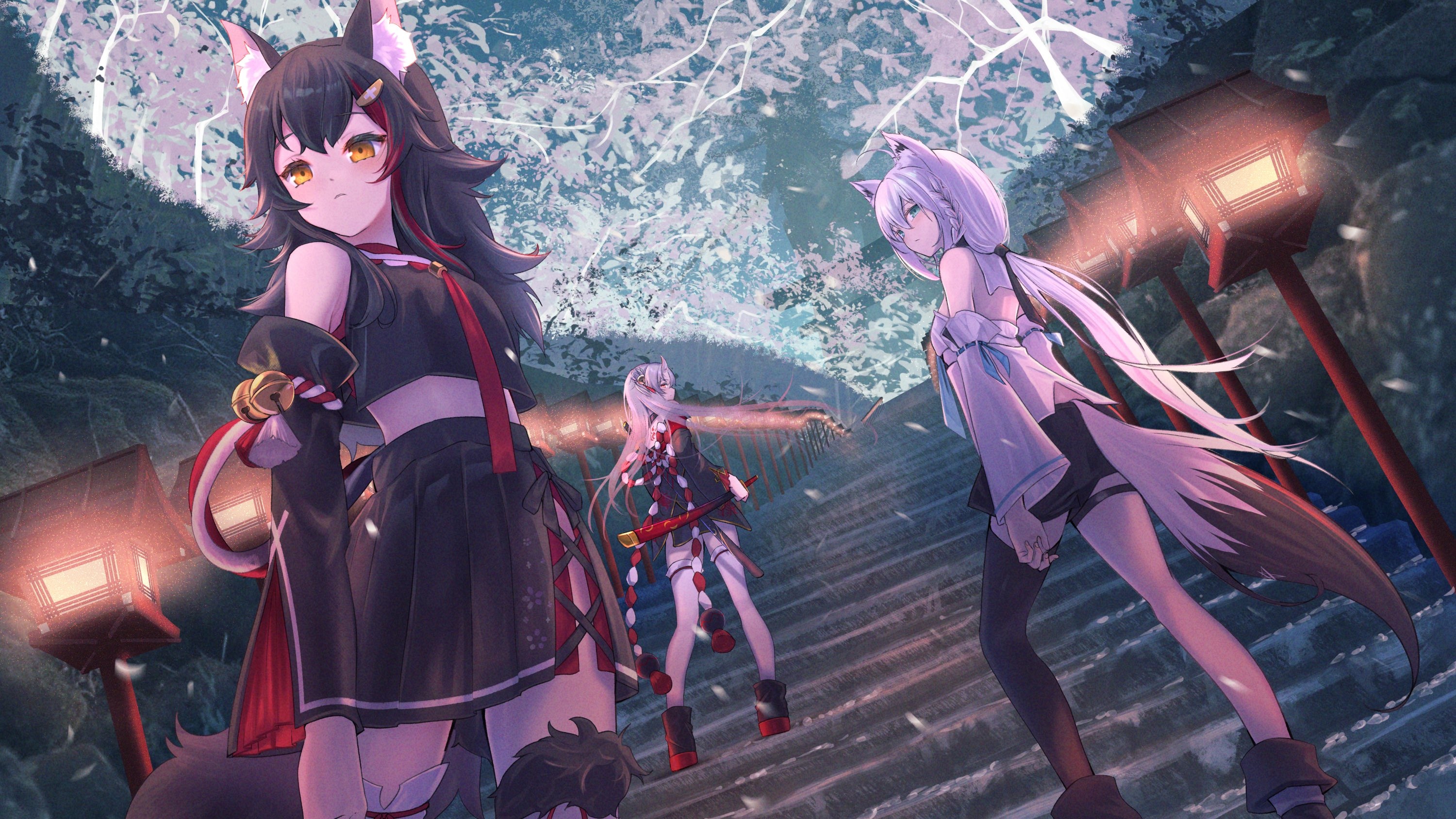 Nakiri Ayame, Shirakami Fubuki, and Ookami Mio in a shrine HD Wallpaper