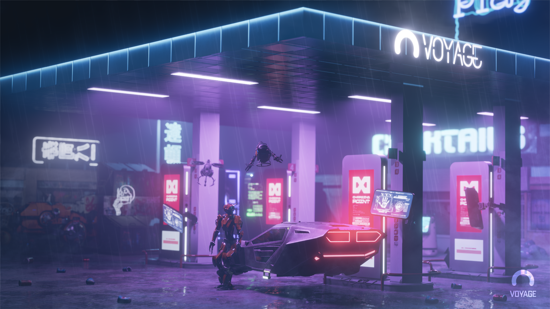 Cyberpunk gas station with a robot and a futuristic vehicle HD Wallpaper