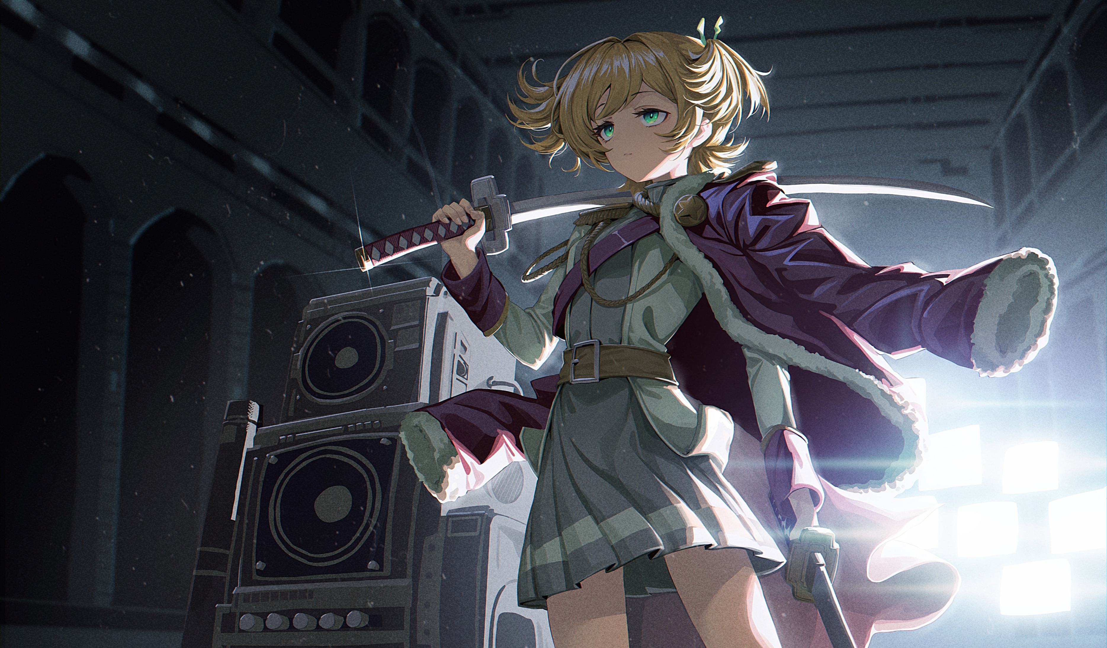 Anime girl with sword and speakers HD Wallpaper