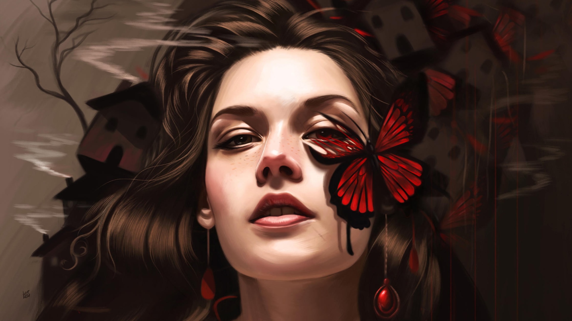 Woman with red butterfly and houses HD Wallpaper