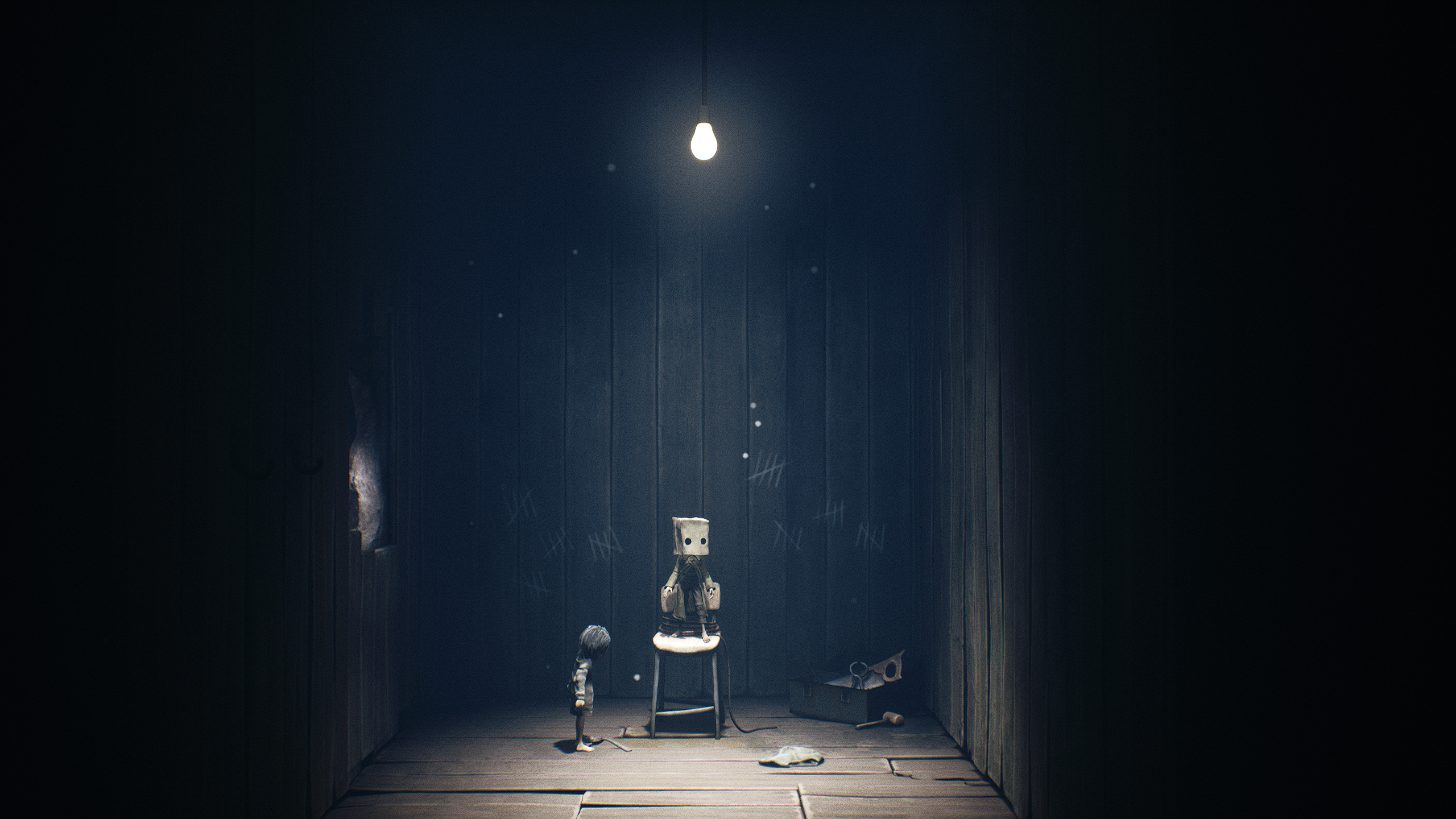 Little Nightmares 2: Mono and Six in a dark room HD Wallpaper