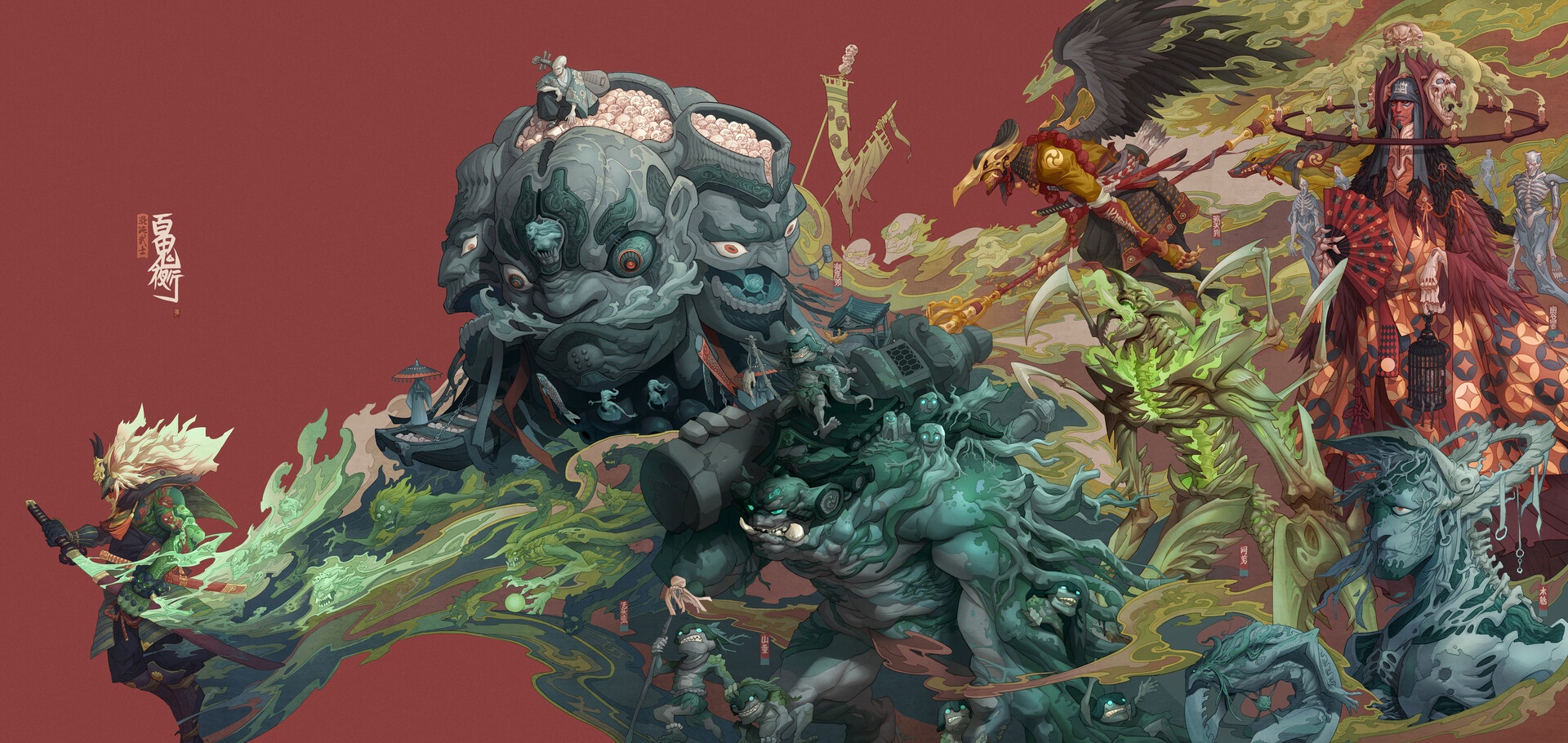 Oriental fantasy creatures and warriors on red background HD Wallpaper
