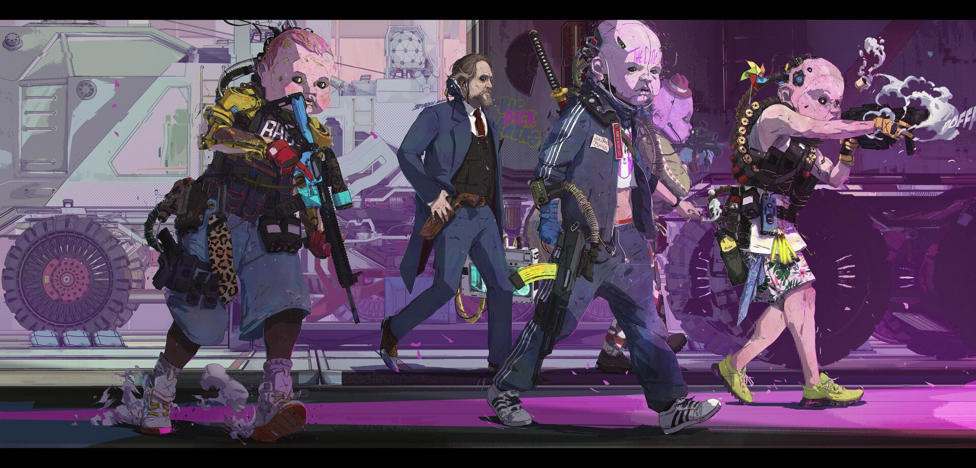 Four figures with stylized baby faces and weapons walk forward. HD Wallpaper