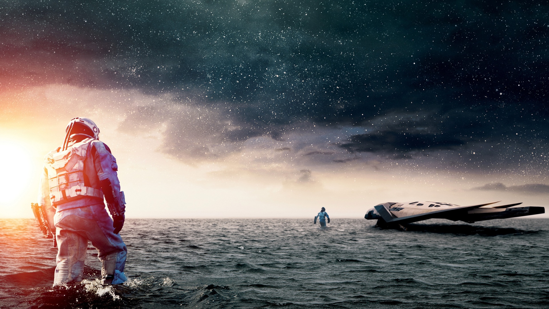 Astronauts and spaceship in the sea under a starry sky HD Wallpaper