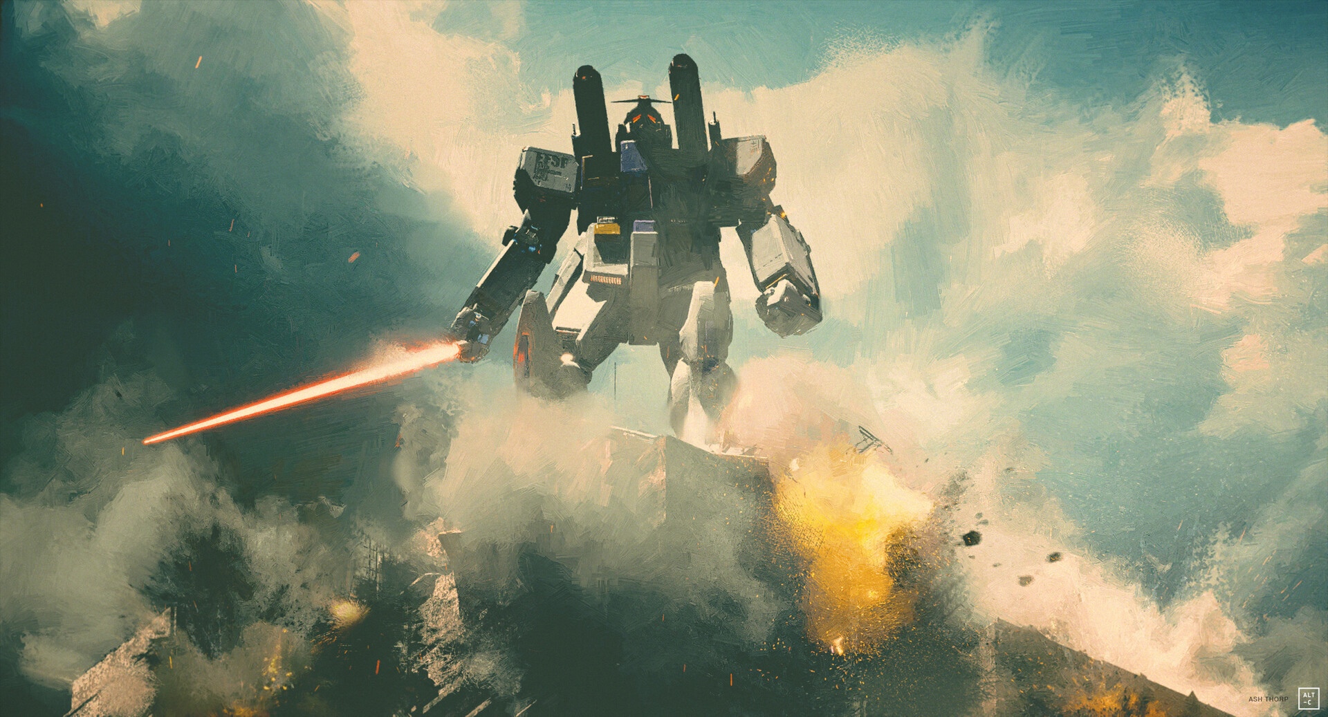 Gundam firing beam saber amidst explosions HD Wallpaper