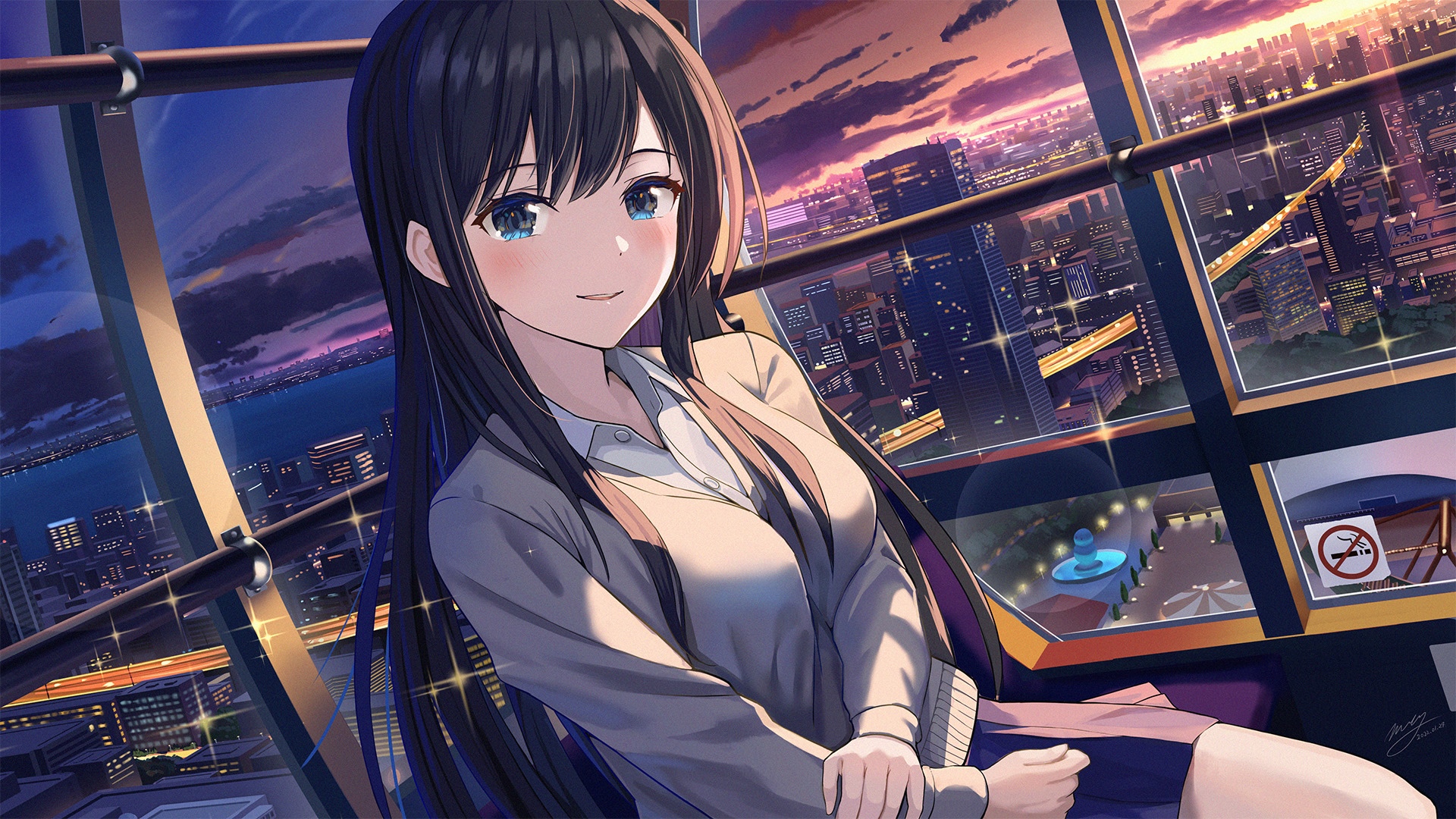 Anime girl with blue eyes at sunset cityscape HD Wallpaper