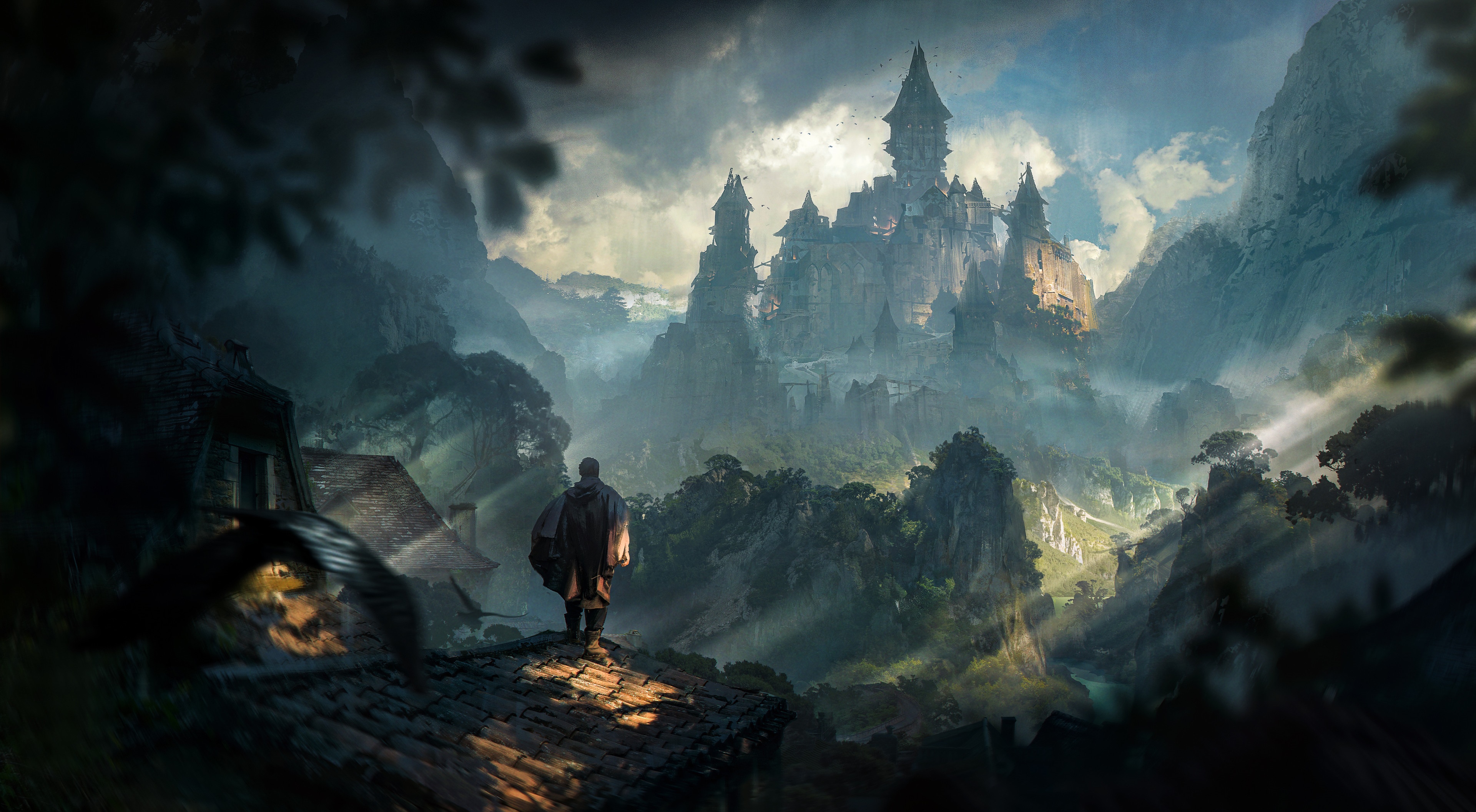 4K artwork of a castle in mountains HD Wallpaper