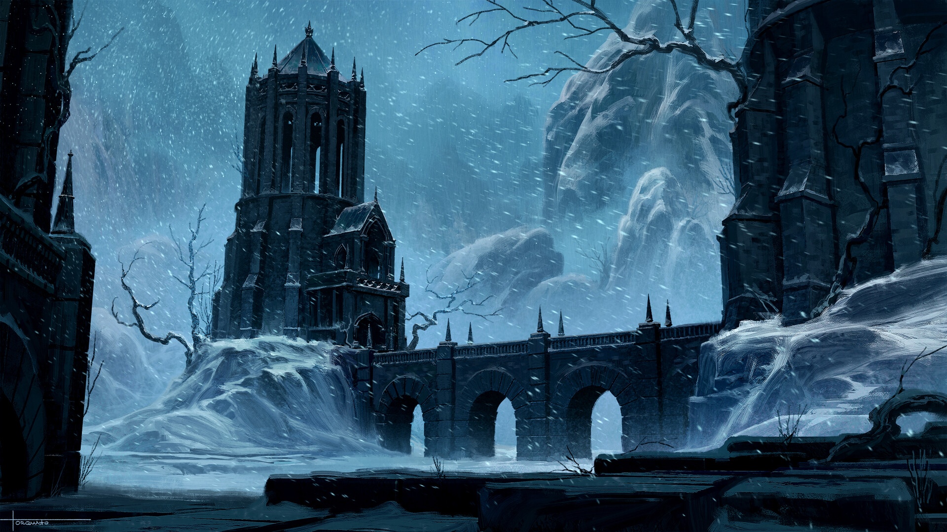 Dark castle and bridge in a snowy mountain landscape HD Wallpaper