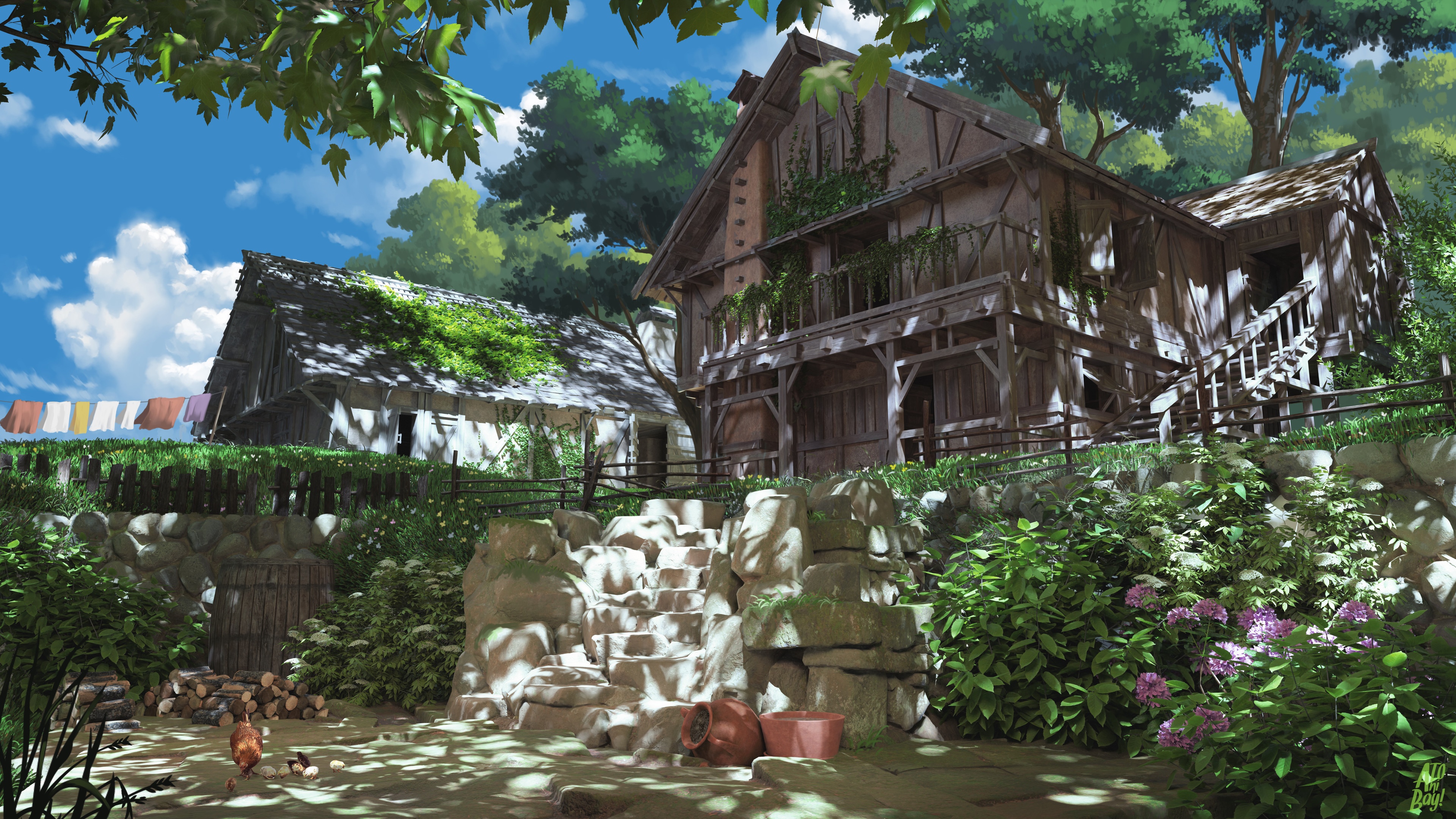4K farm with house, barn, and laundry HD Wallpaper