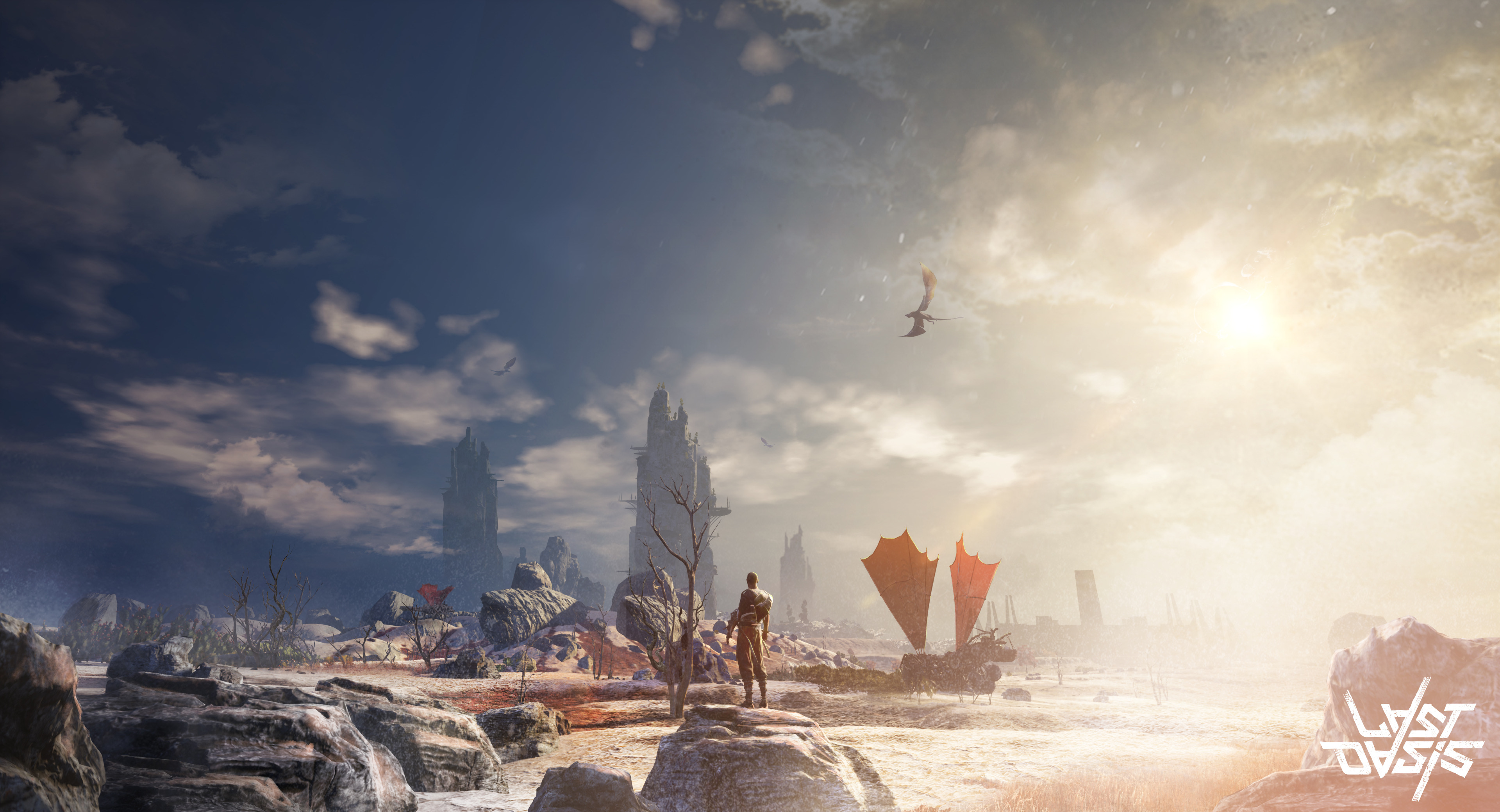 Last Oasis desert landscape with dragons and towers HD Wallpaper
