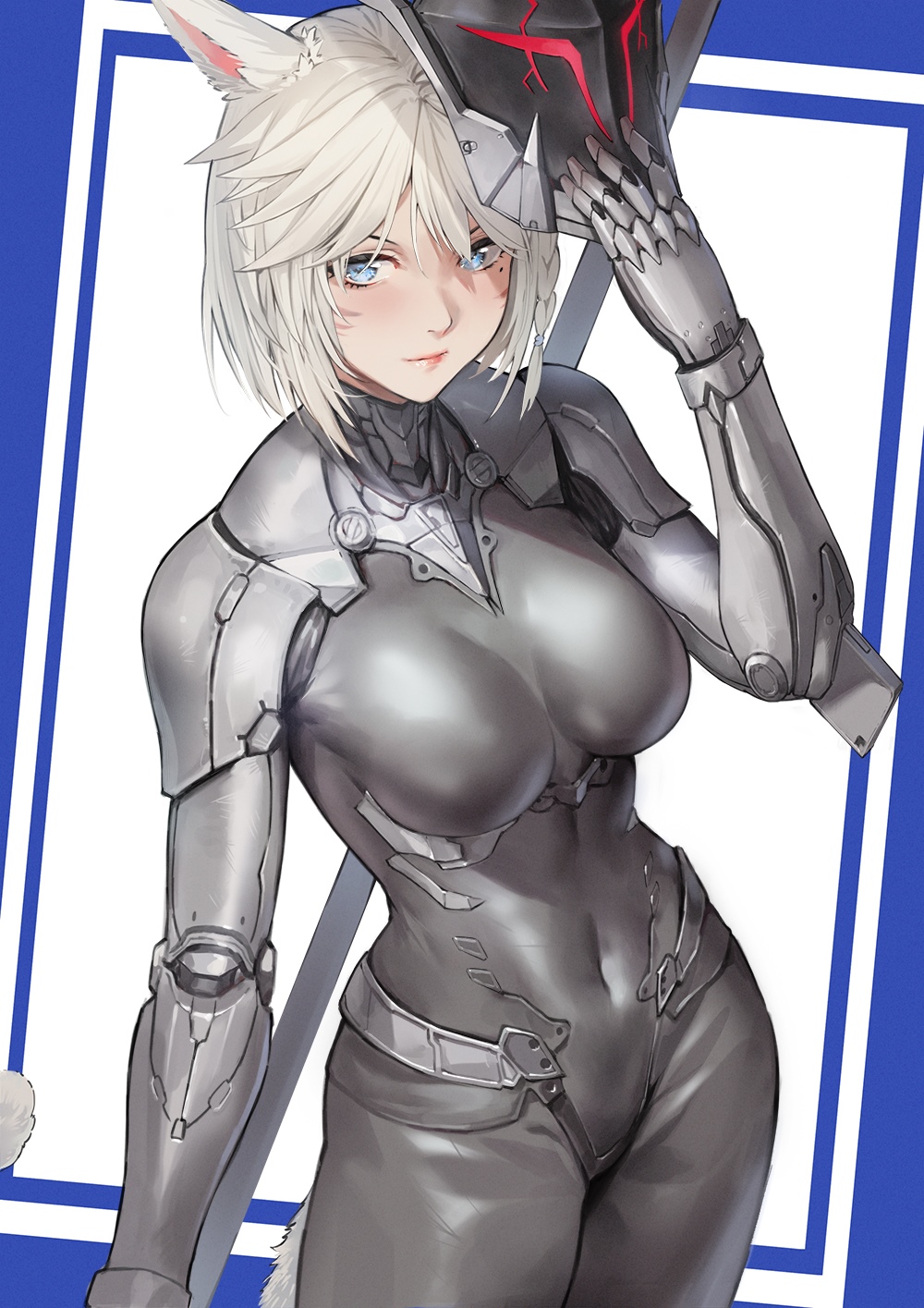 Miqo'te in a silver bodysuit from Final Fantasy XIV HD Phone Wallpaper