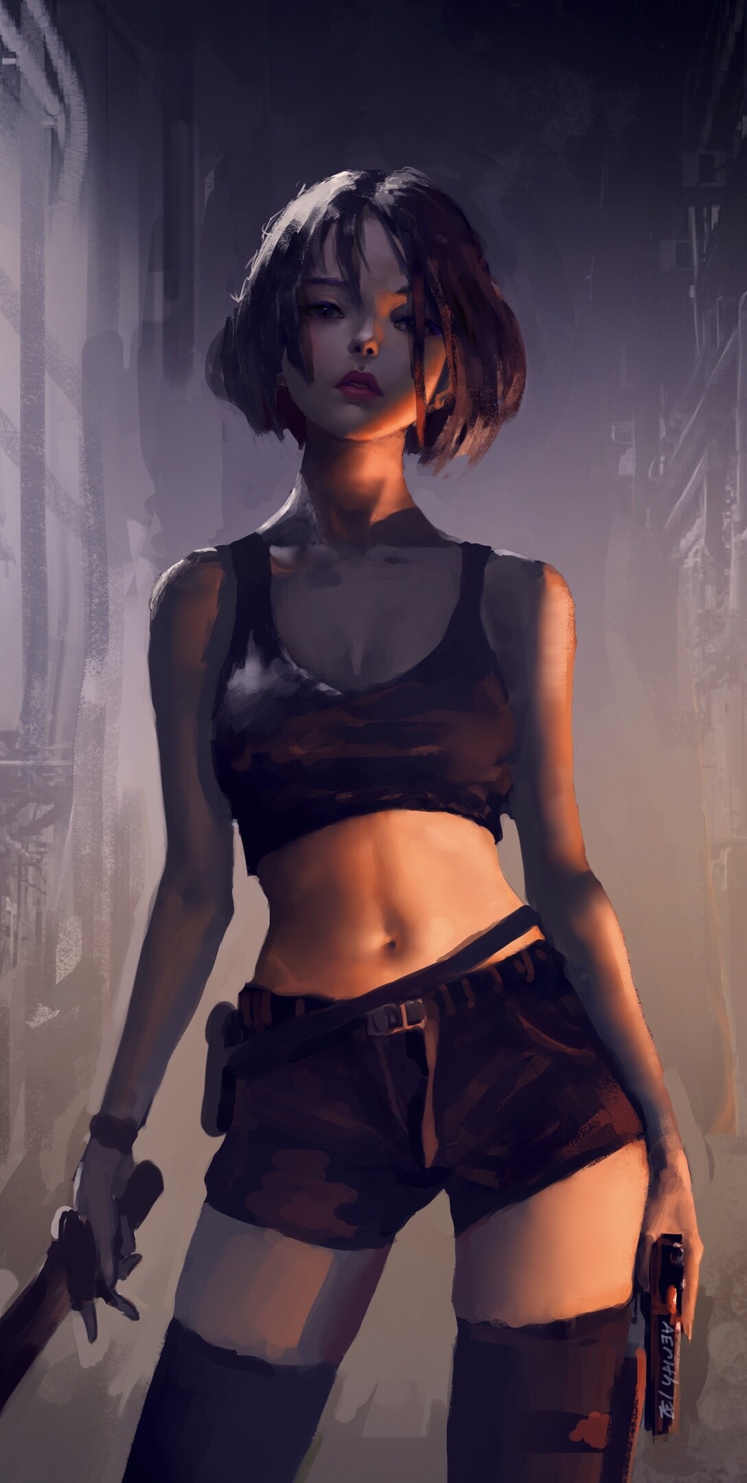 Woman with short hair holding weapons HD Phone Wallpaper
