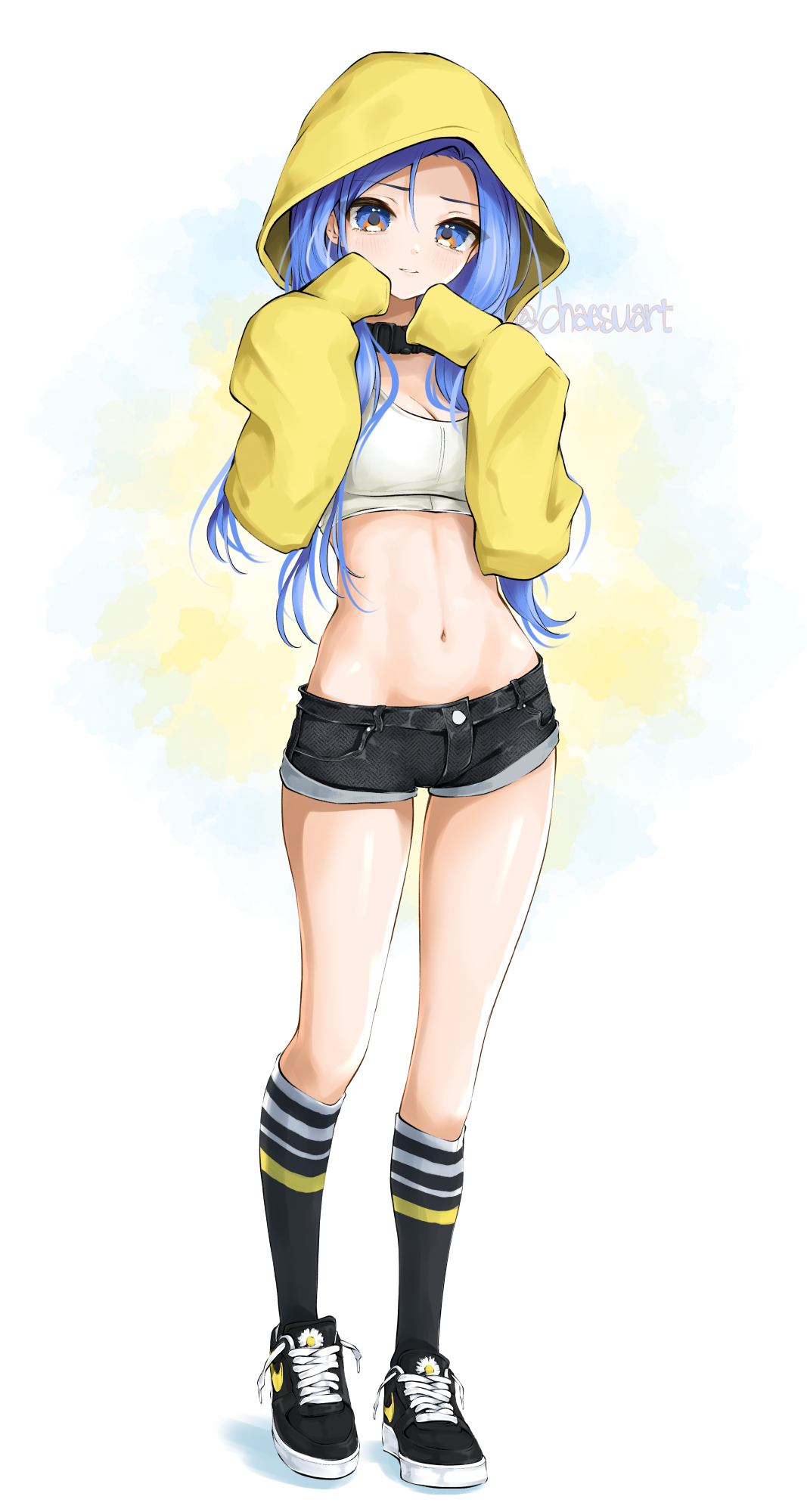 Chaesu anime girl with blue hair wearing yellow hoodie and jean shorts HD Phone Wallpaper