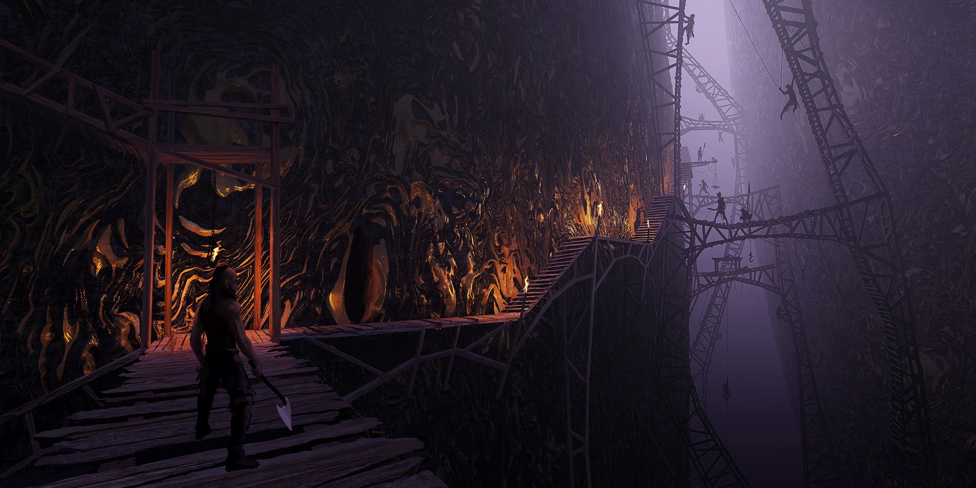 Fantasy art of ruins with scaffolding and people HD Wallpaper