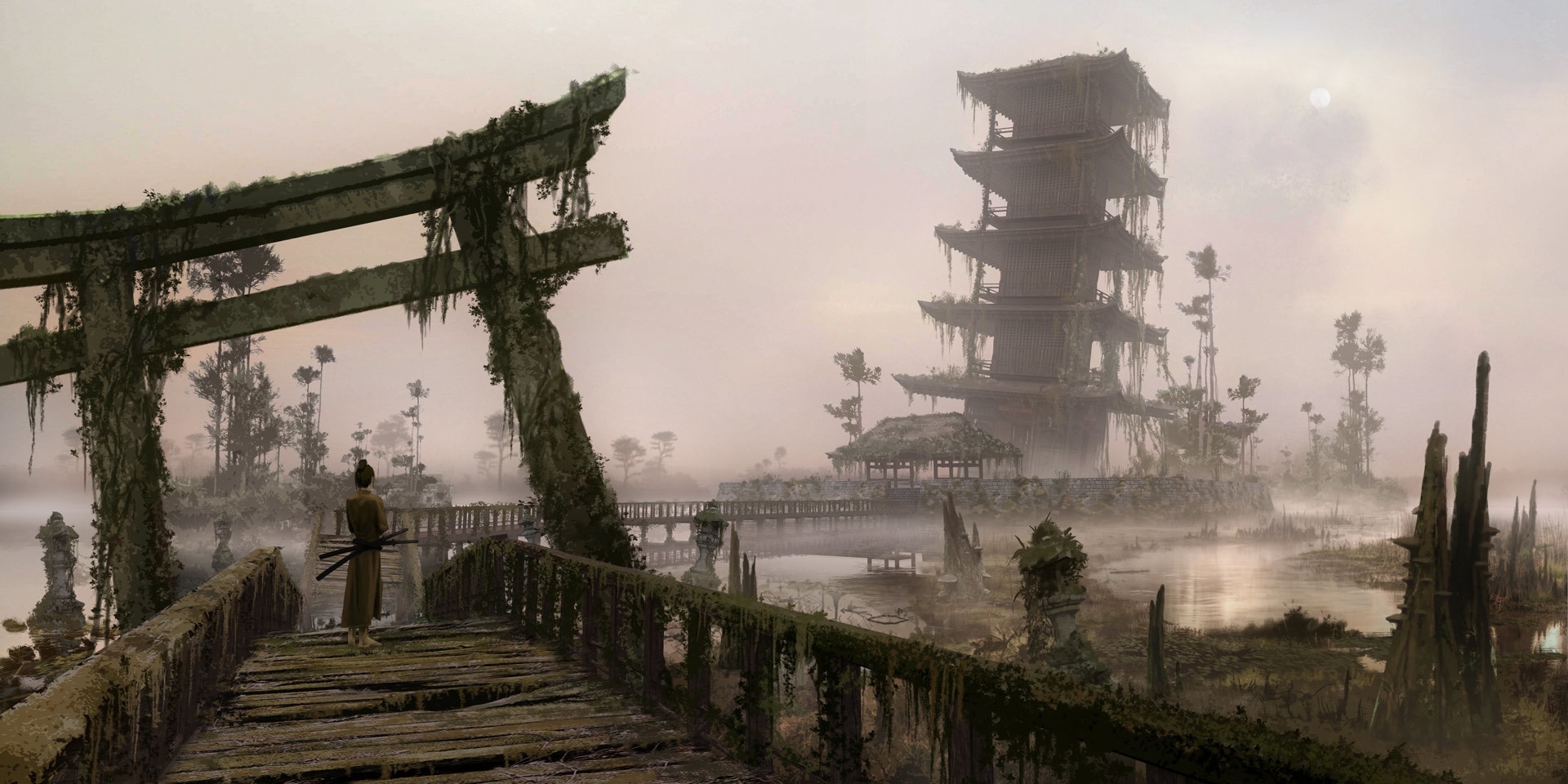 Samurai standing at a ruined Shinto torii gate HD Wallpaper