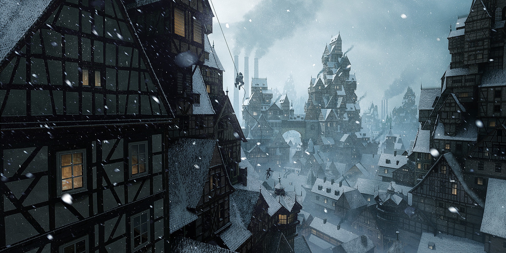 Fantasy city with snow and industrial chimneys HD Wallpaper