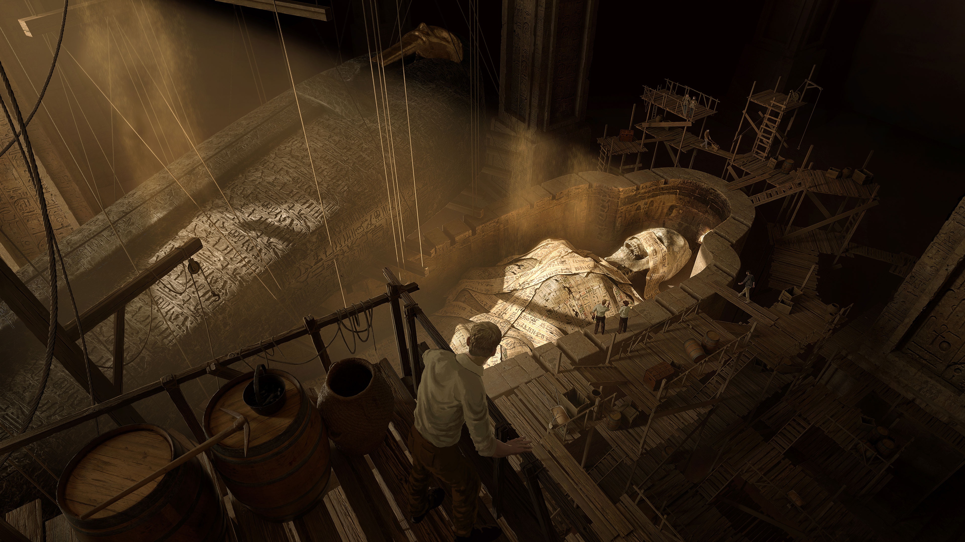Archeology site with giant mummy statue HD Wallpaper