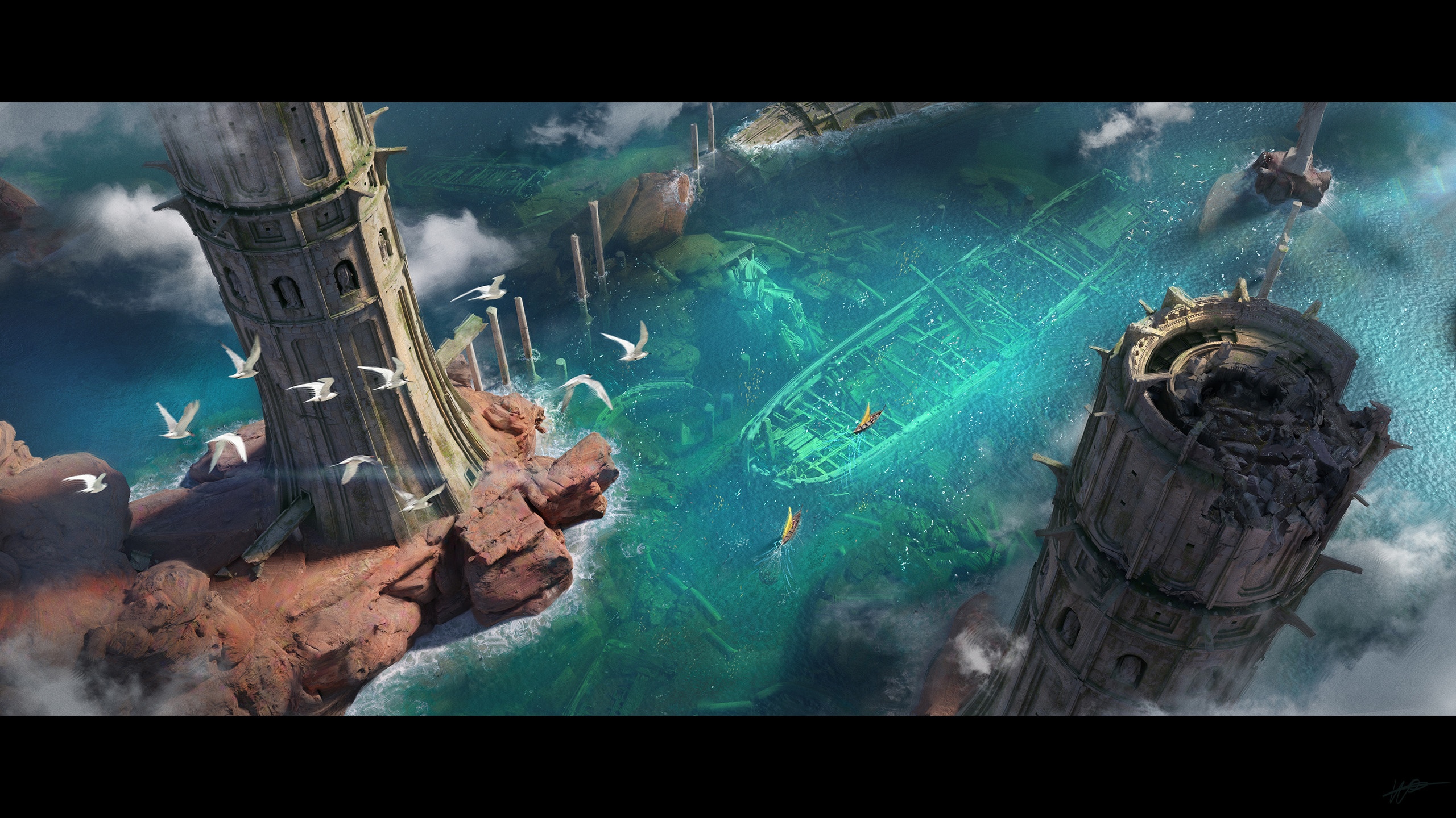 Shipwreck ruins with ancient towers and seagulls HD Wallpaper