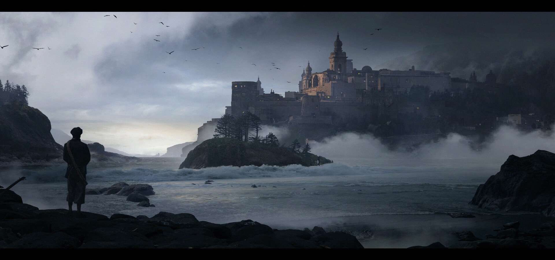 A lone figure stands before a misty castle on a cliff HD Wallpaper