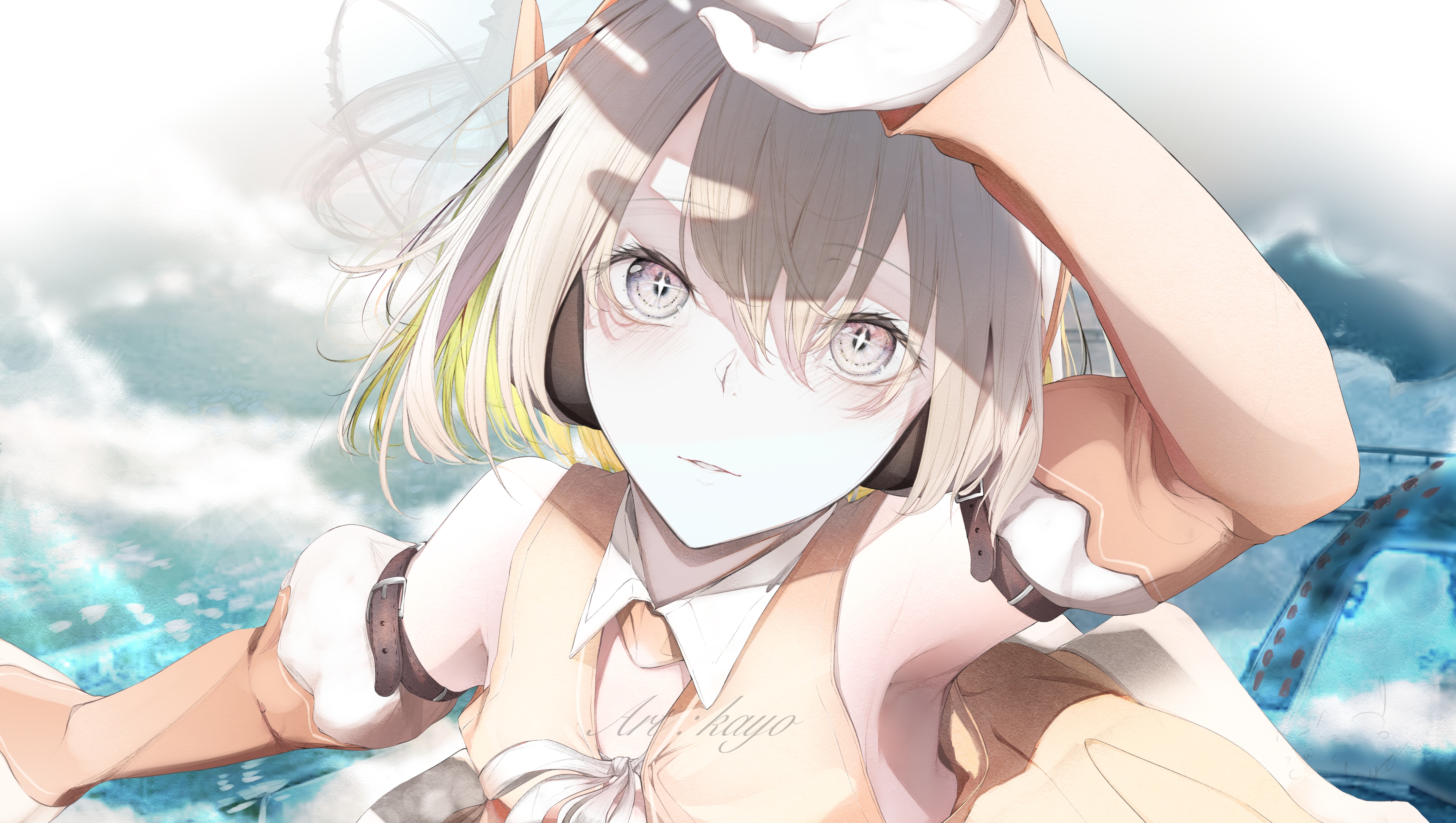 Anime girl with headphones and orange outfit HD Wallpaper