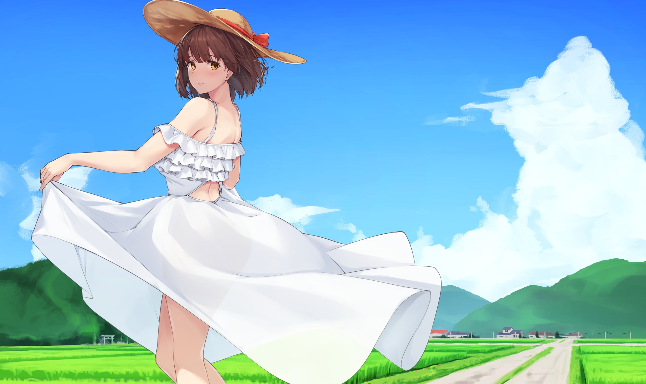 Megumi Kato in a white dress and hat in a field HD Wallpaper