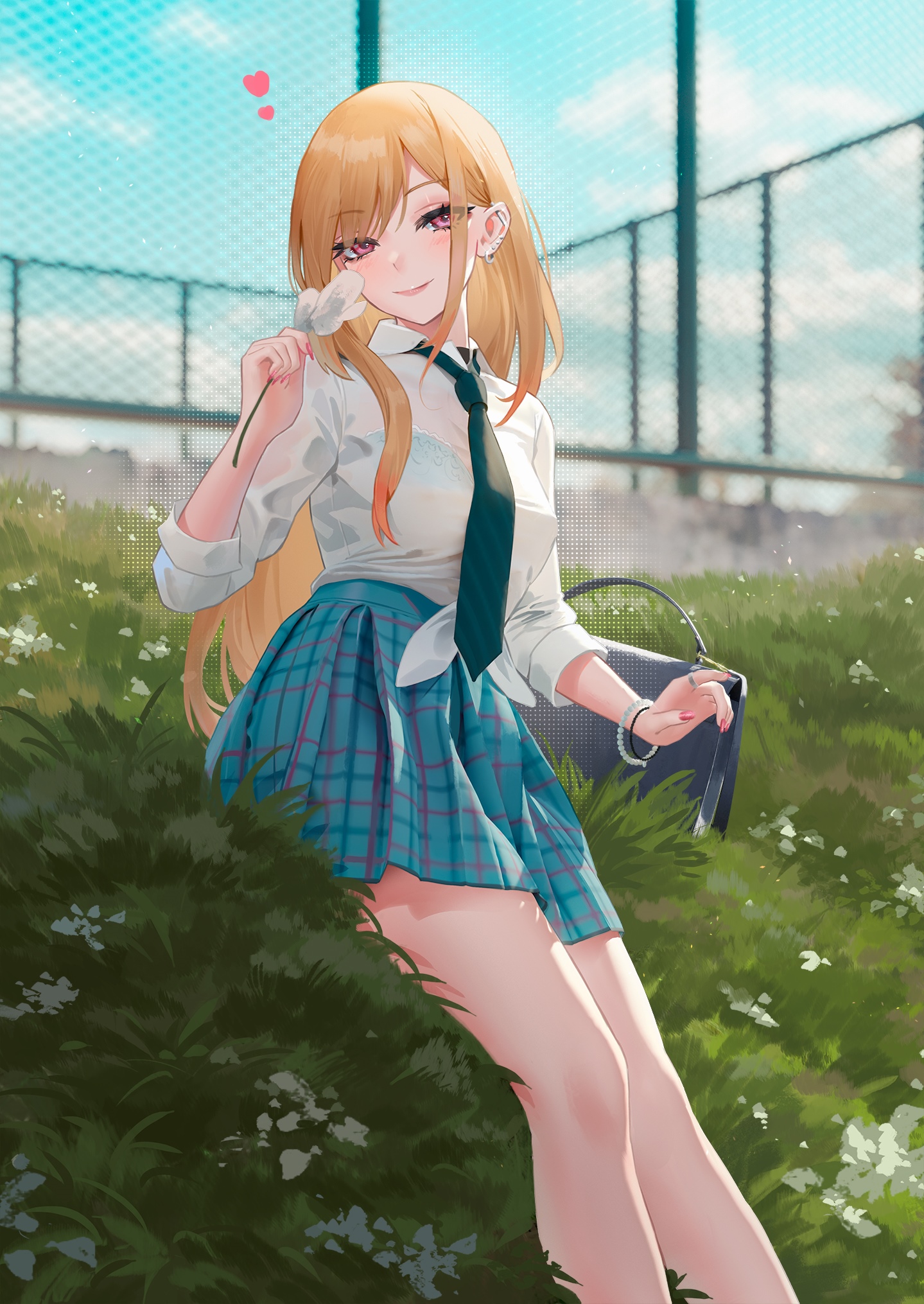 Kitagawa Marin in a Plaid Skirt Outdoors HD Phone Wallpaper