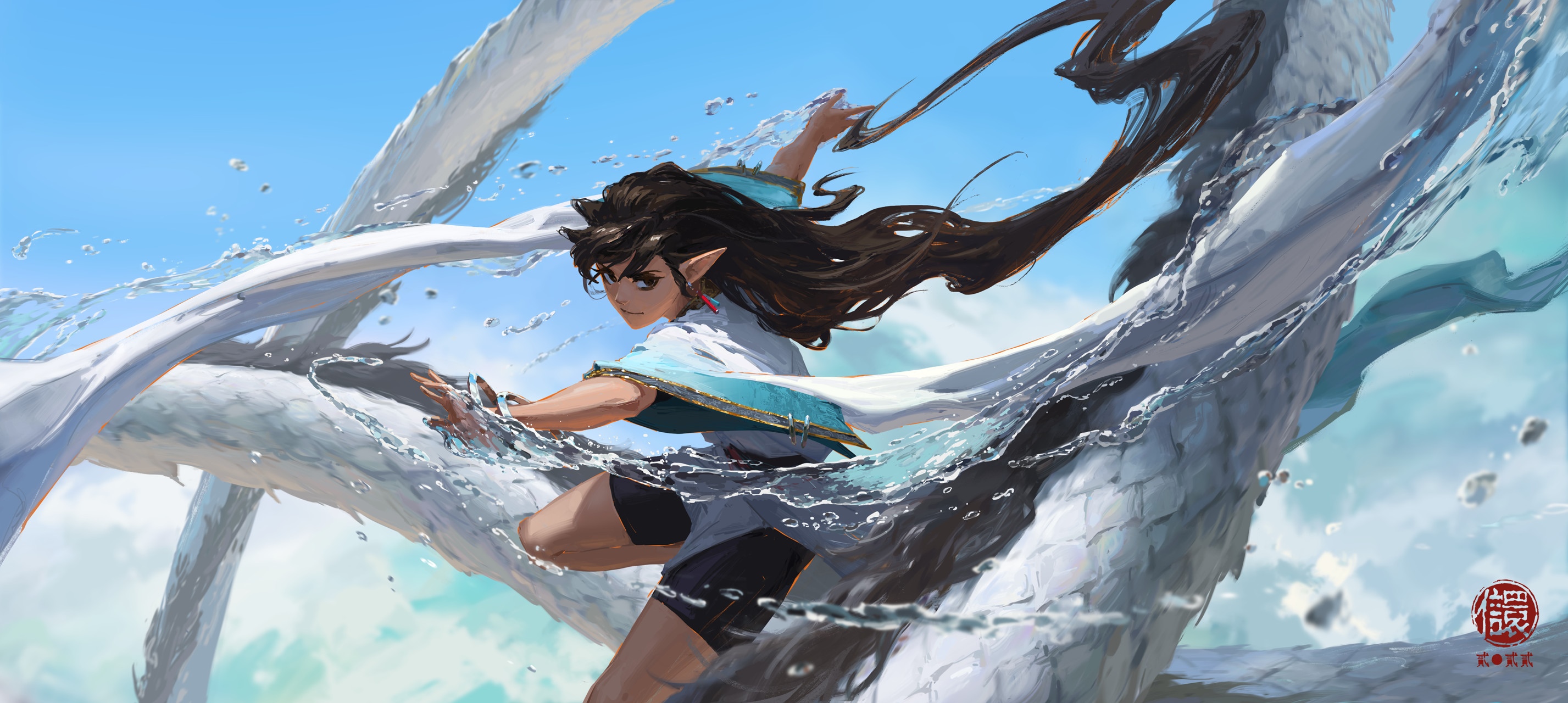 Kan Liu with a water dragon HD Wallpaper