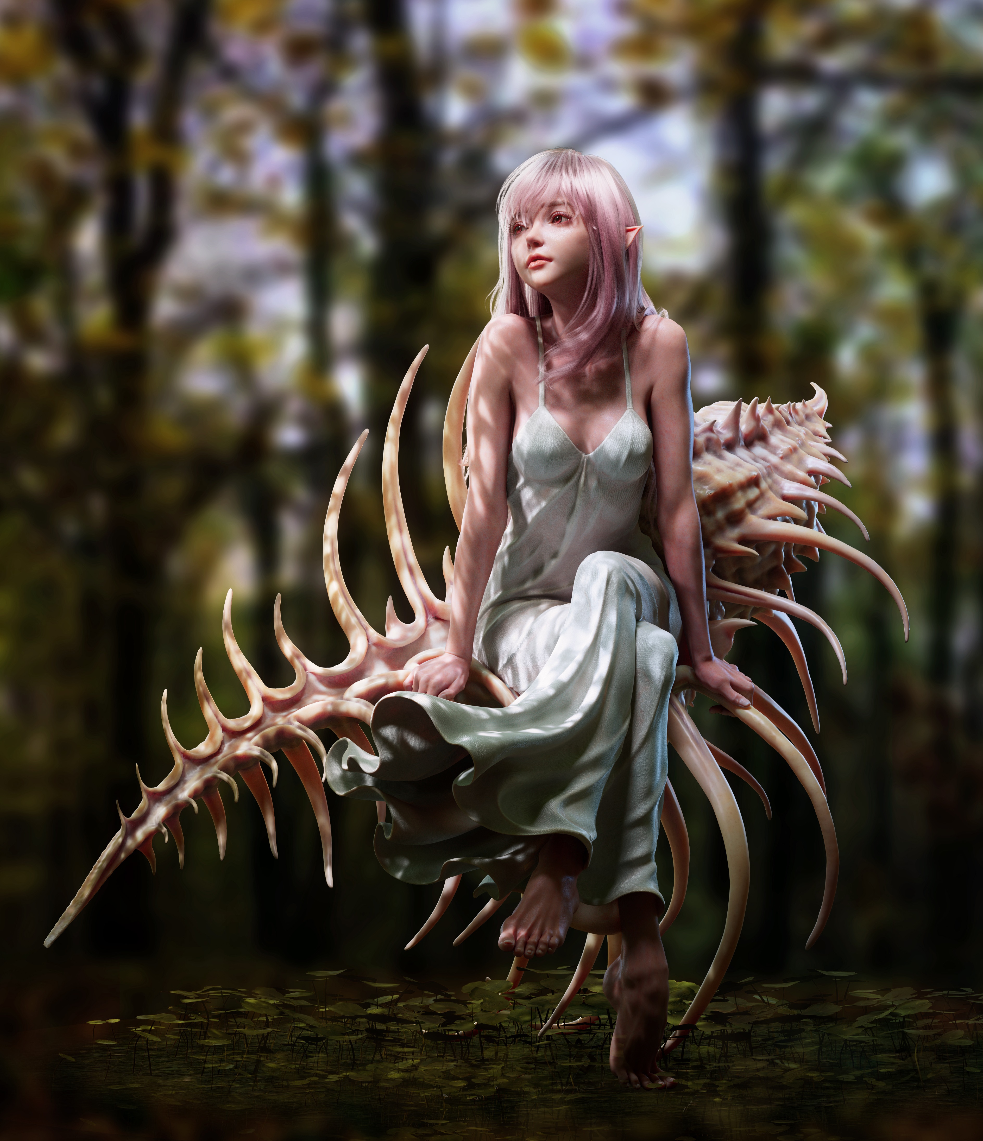 Elf with pink hair sitting on a bone-like structure in a forest HD Phone Wallpaper