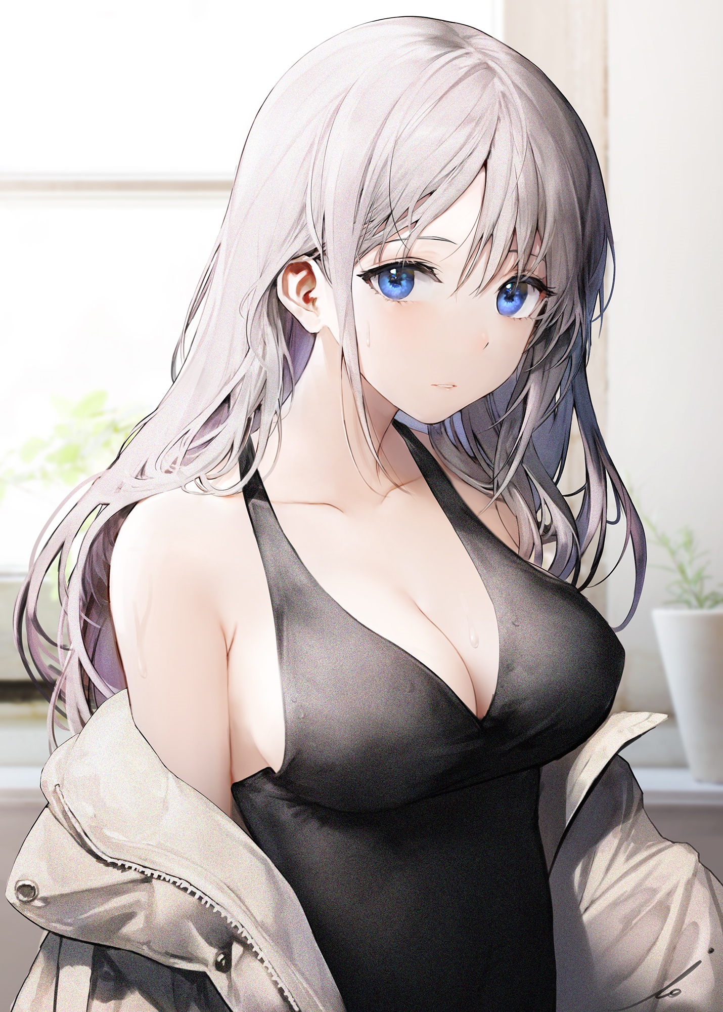 Anime girl with silver hair in a black dress HD Phone Wallpaper