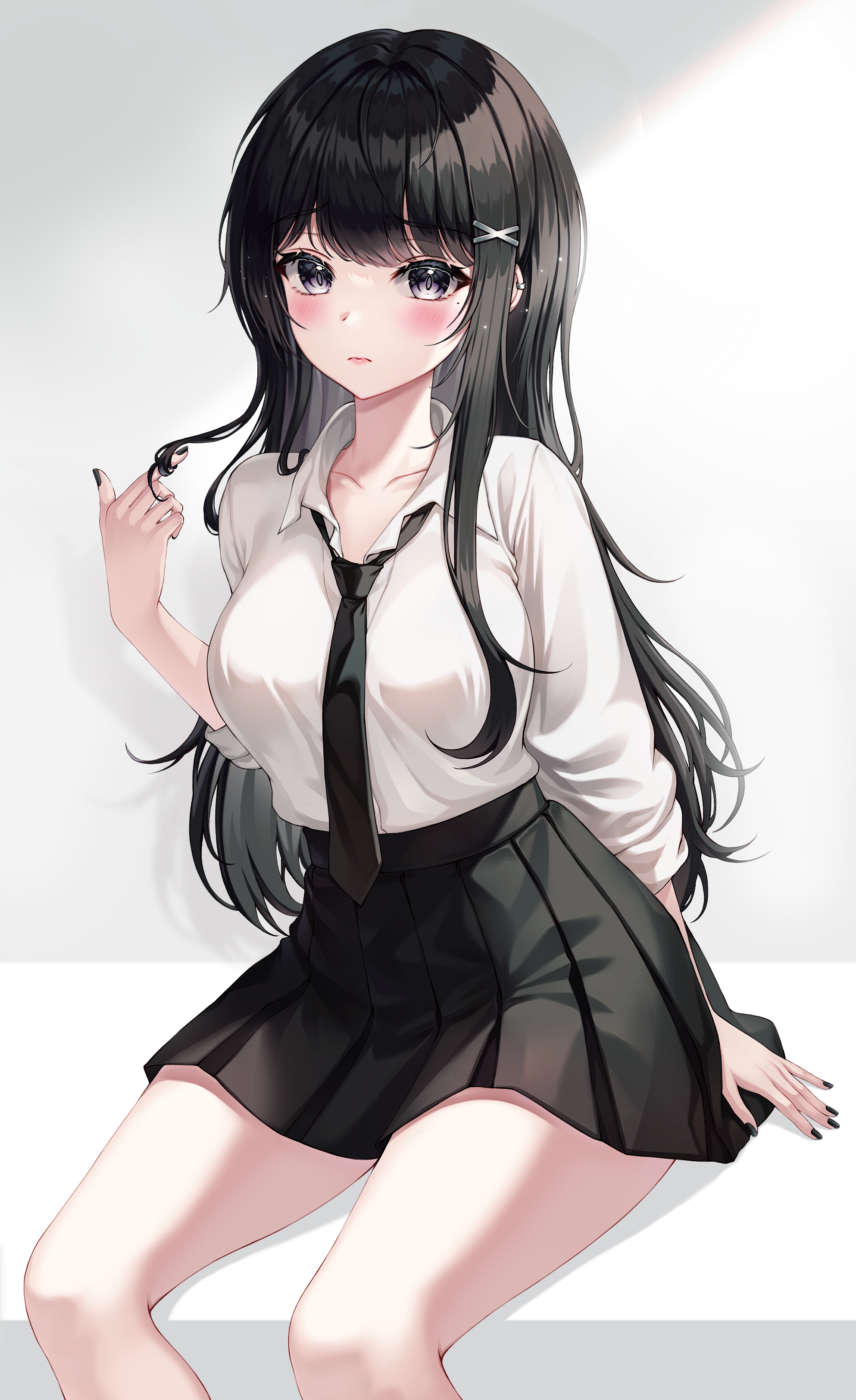 Anime schoolgirl in uniform with black hair and tie HD Phone Wallpaper